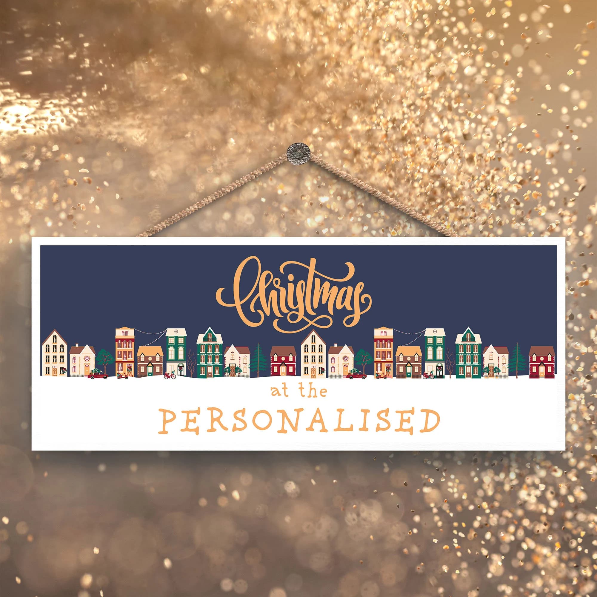 Personalized Christmas Street Scene Wooden Hanging Plaque