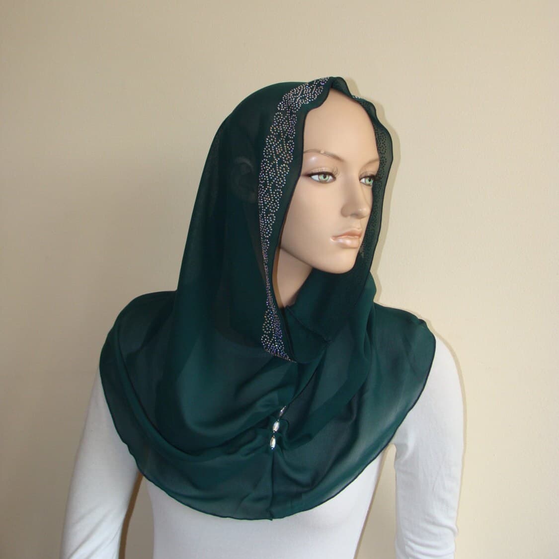 Dark Green Chiffon Infinity Scarf with Crystals