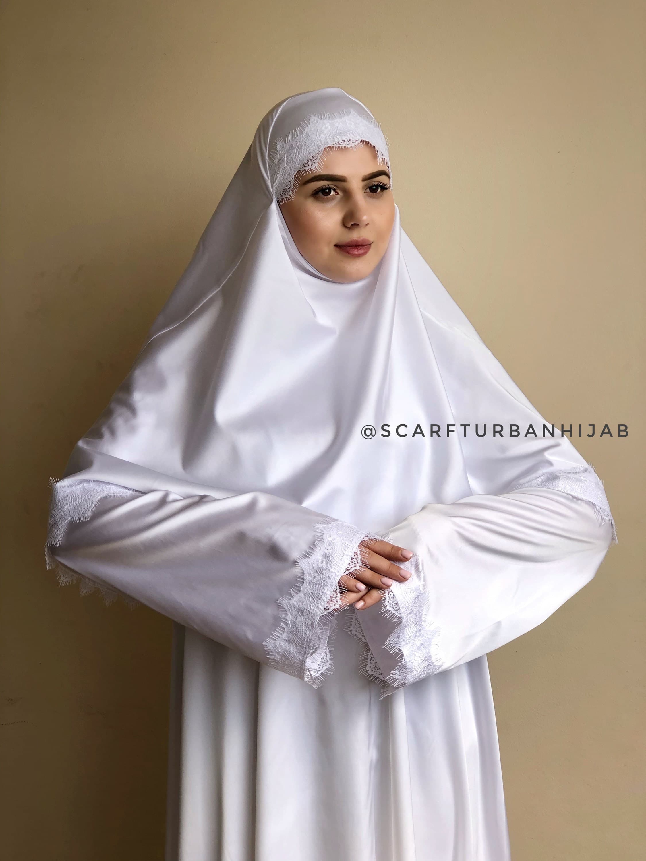 White Silk Maxi Dress with Lace Hijab Khimar (S-M) - image 5