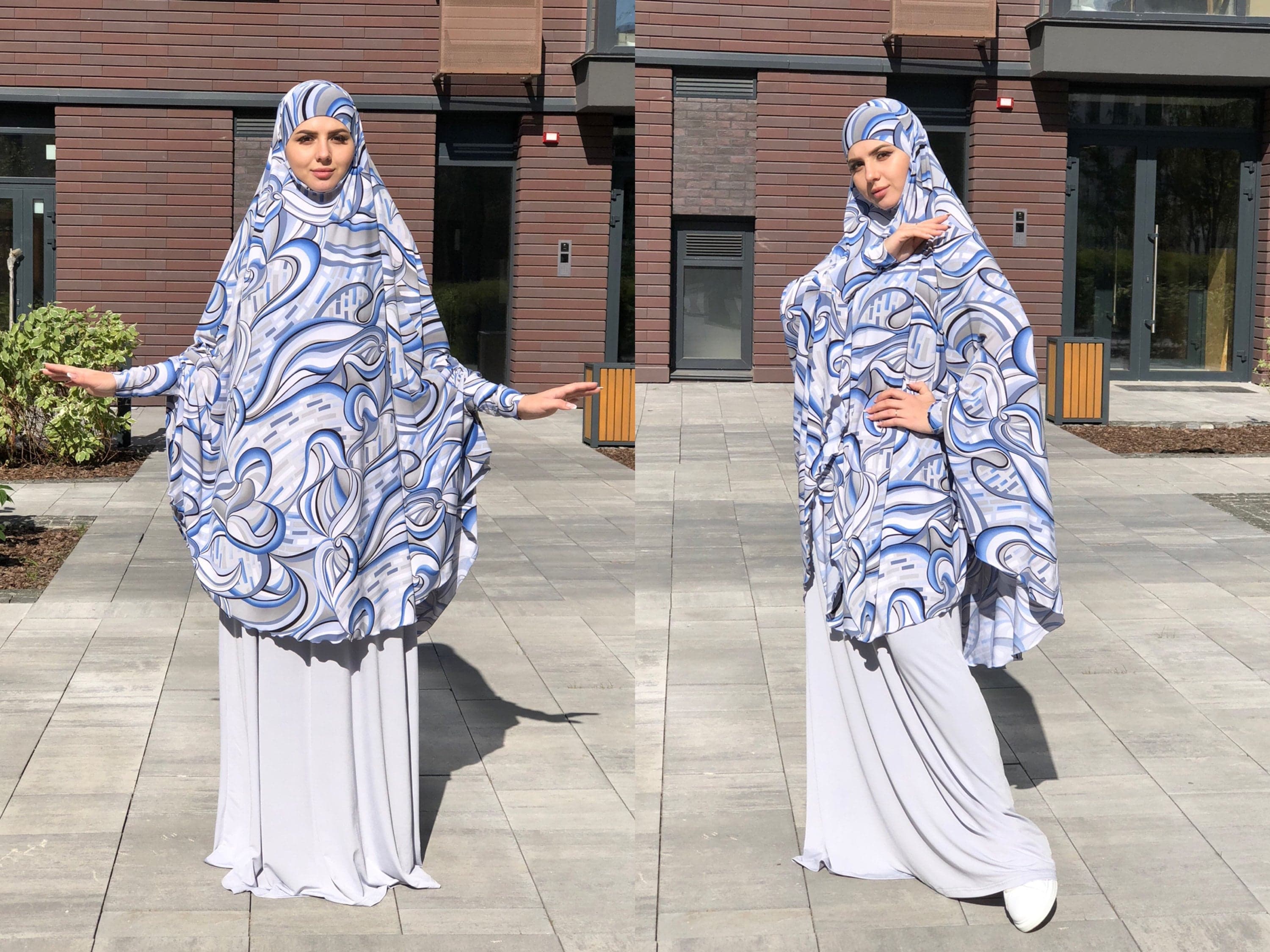 Abstract Blue Gray Jersey Khimar, Islamic Niqab Hijab - image 3