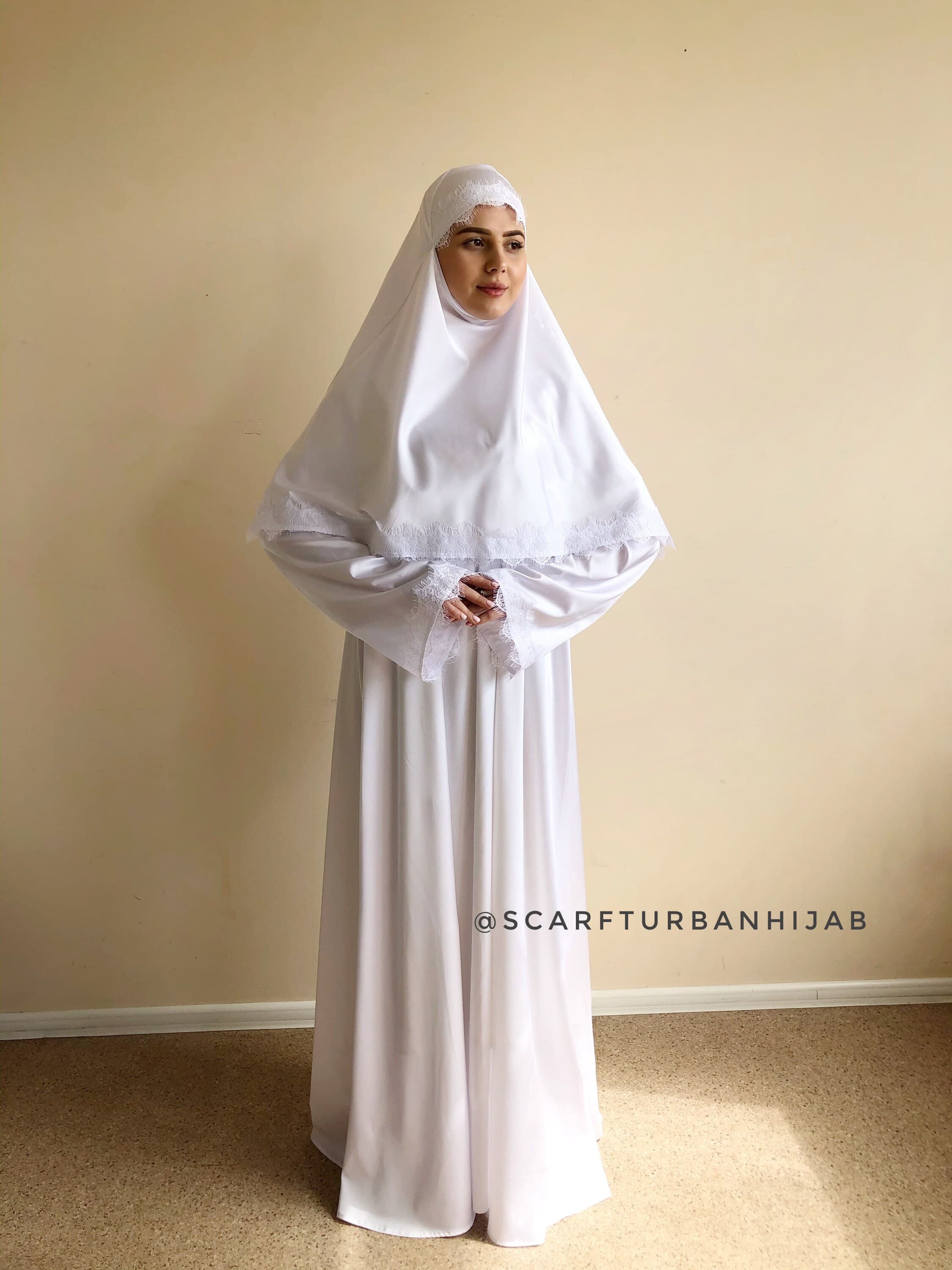 White Silk Maxi Dress with Lace Hijab Khimar (S-M) - image 4
