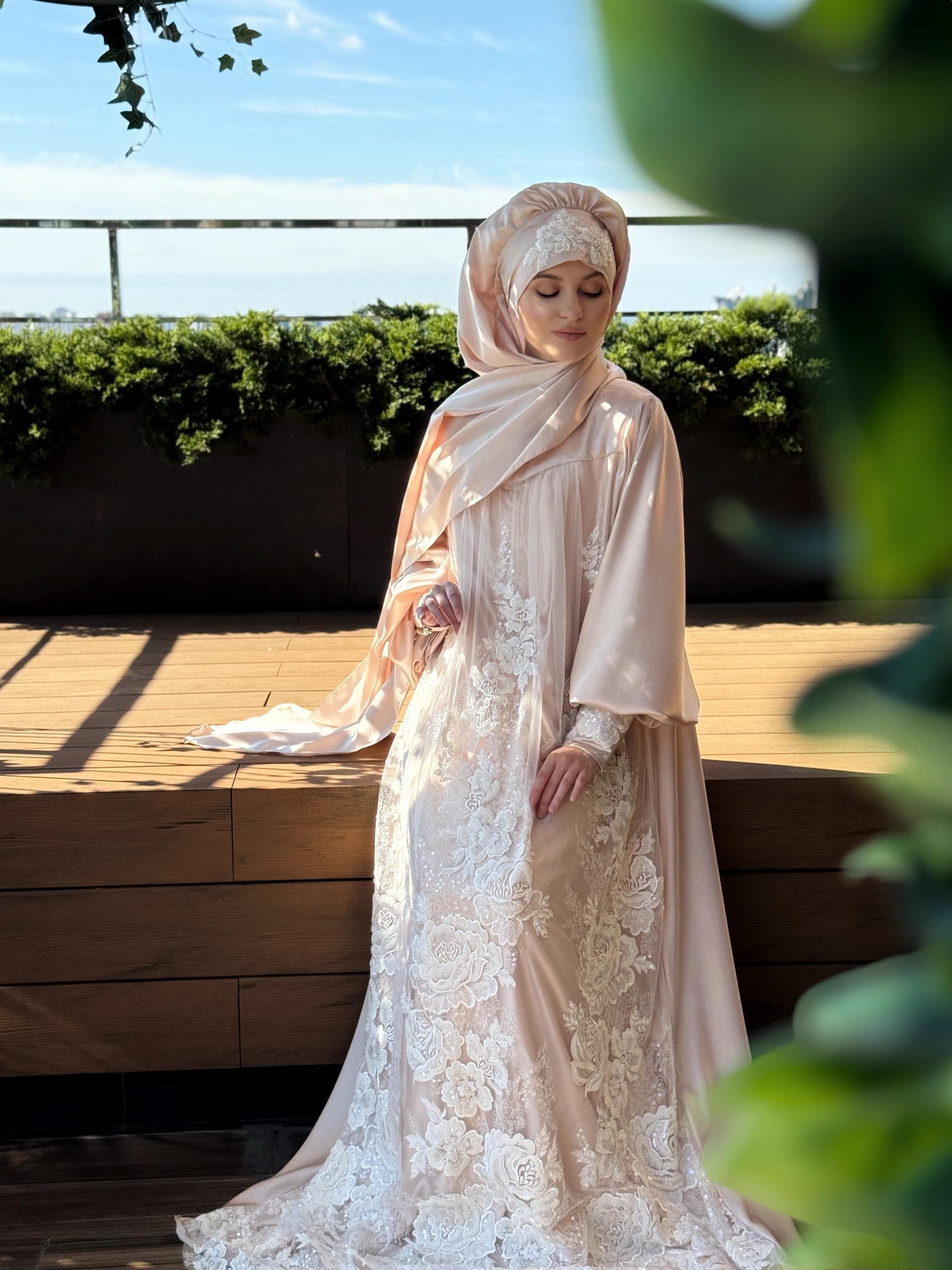 Beige Silk Maxi Dress with Lace, Modest Islamic Wedding Dress - image 3