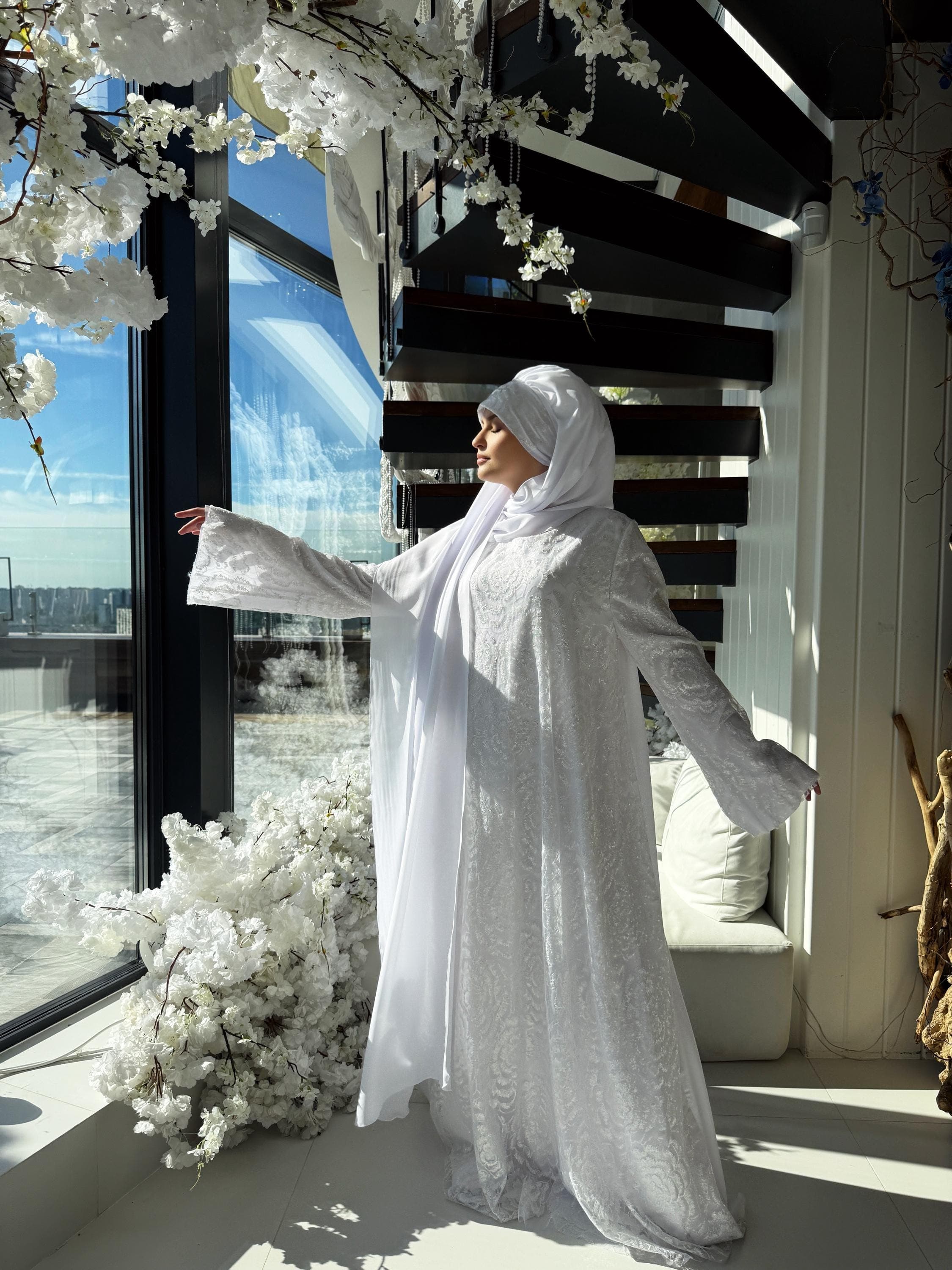 White Sequin Lace Maxi Dress, Modest Islamic Gown, Optional Hijab - image 5