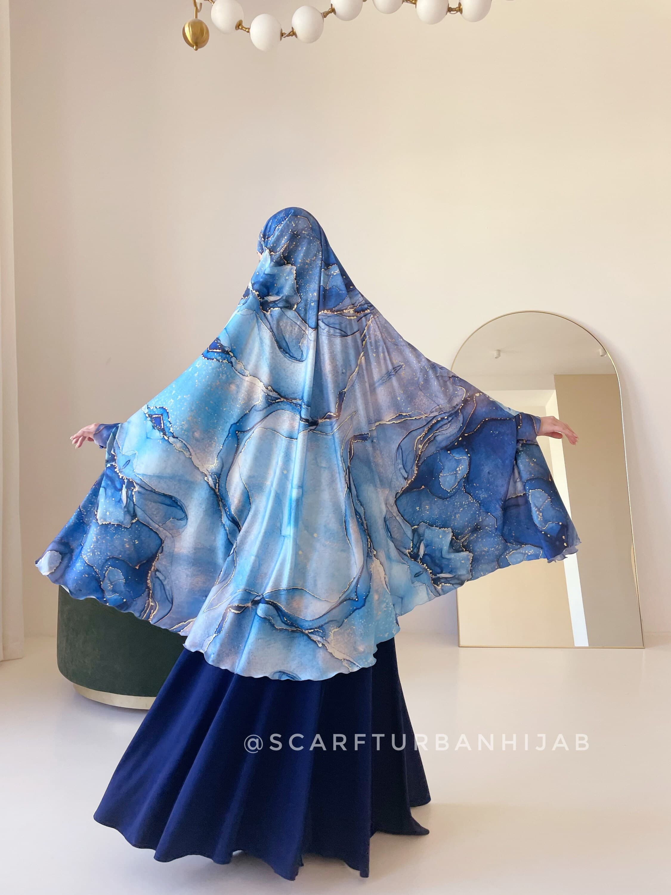 Unique Gemstone Print Silk khimar with Flared Silhouette, blue jilbab - image 5