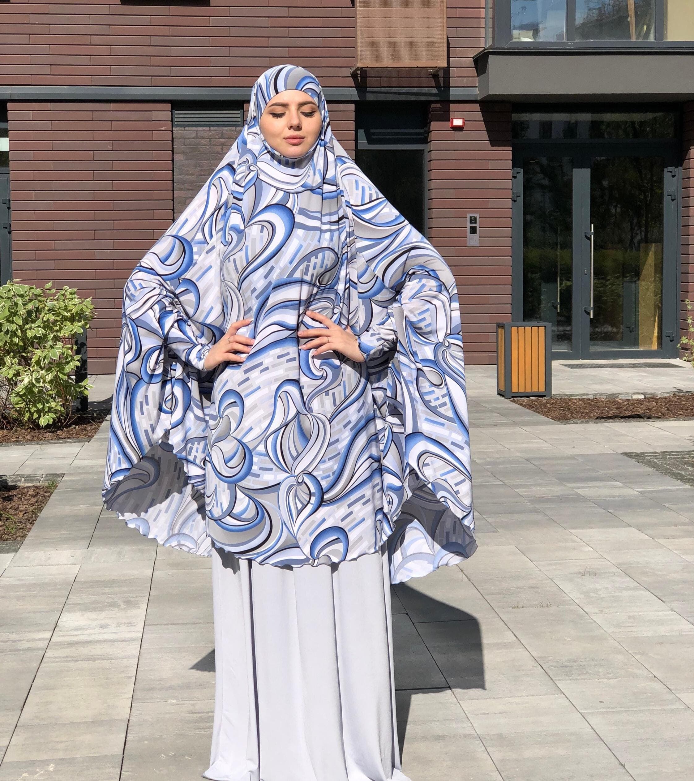 Abstract Blue Gray Jersey Khimar, Islamic Niqab Hijab
