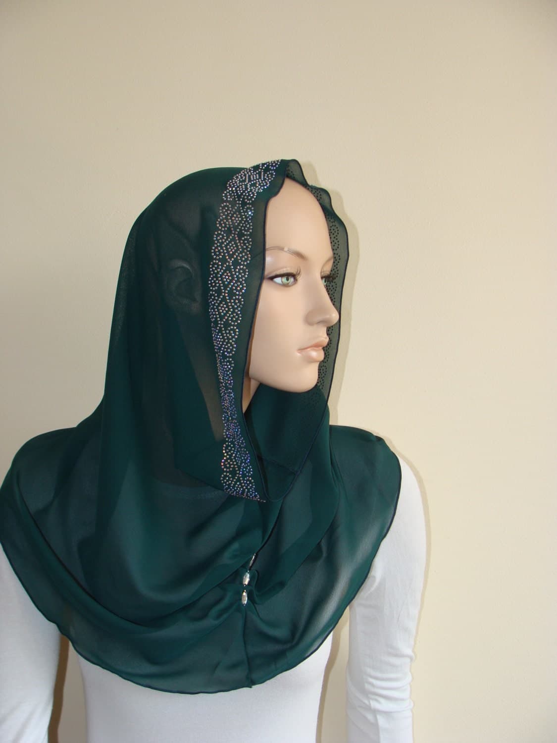 Dark Green Chiffon Infinity Scarf with Crystals - image 3