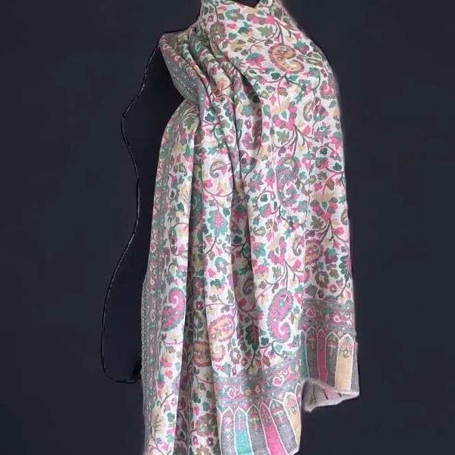 Handmade Woven Merino Wool Shawl, Multicolor Floral Ornament, Islamic Gift