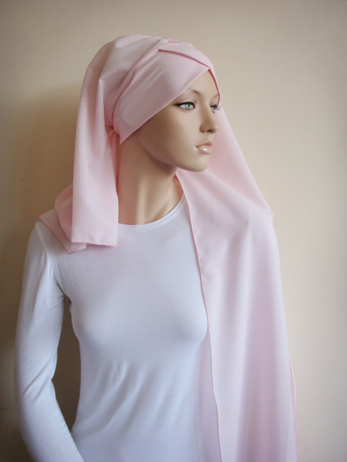 Handmade Pink Chiffon Turban Hijab, Ready to Wear Chapel Scarf - image 3