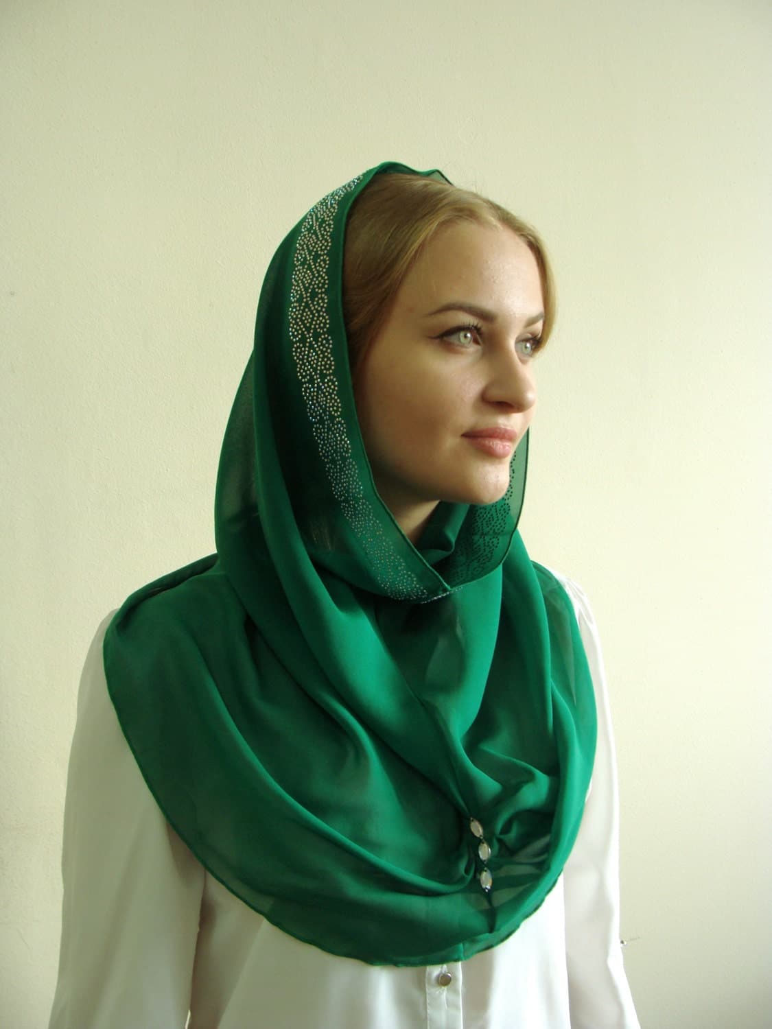Emerald Chiffon Infinity Scarf, Green Hijab with Crystals - image 5