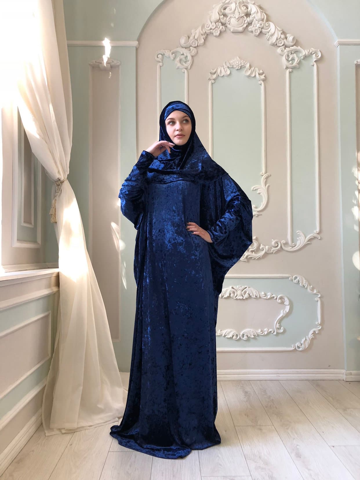 Bohemian Navy Blue Velvet Maxi Dress with Alamira Hijab - image 3