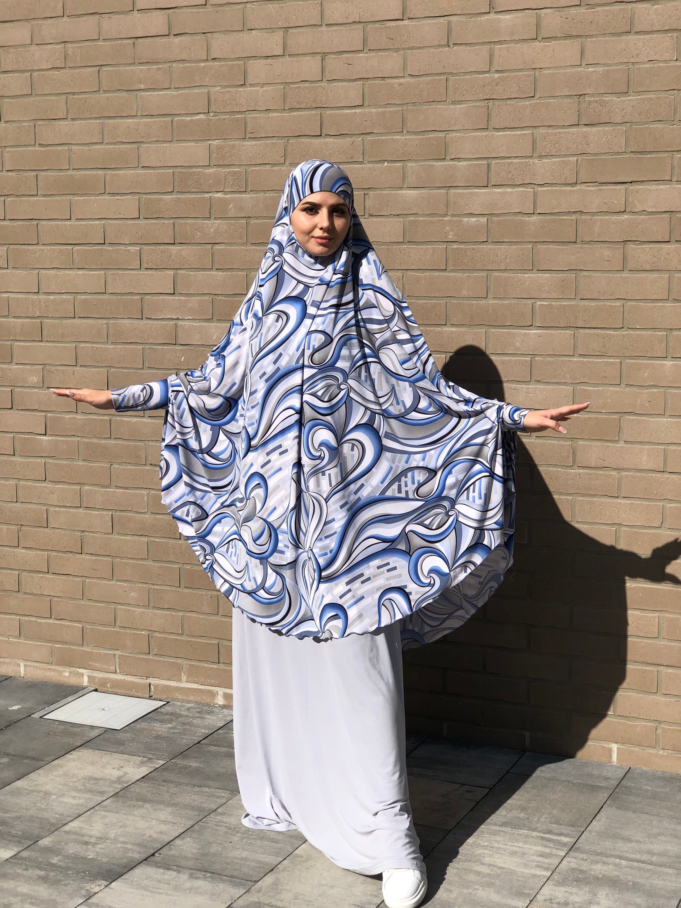 Abstract Blue Gray Jersey Khimar, Islamic Niqab Hijab - image 5