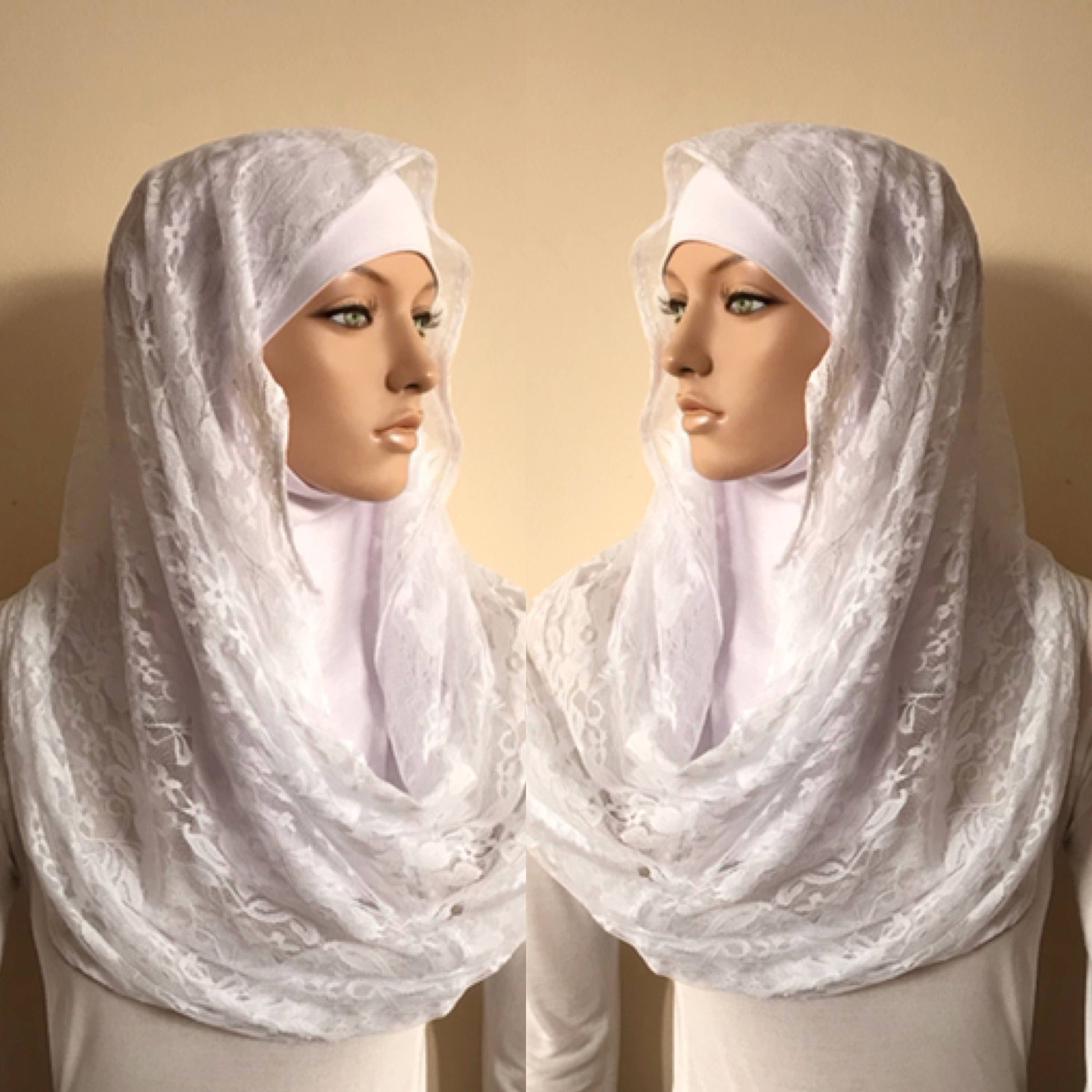 White Lace Infinity Scarf, Wedding Bridal Veil, Modern Hijab - image 3