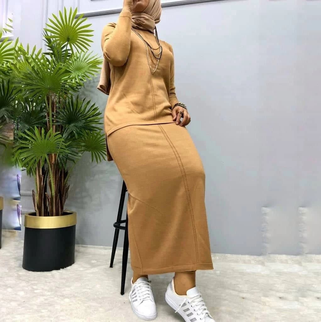 Bronze Jersey Knit Maxi Skirt Set, Boho Oversized Tunic, Free Size