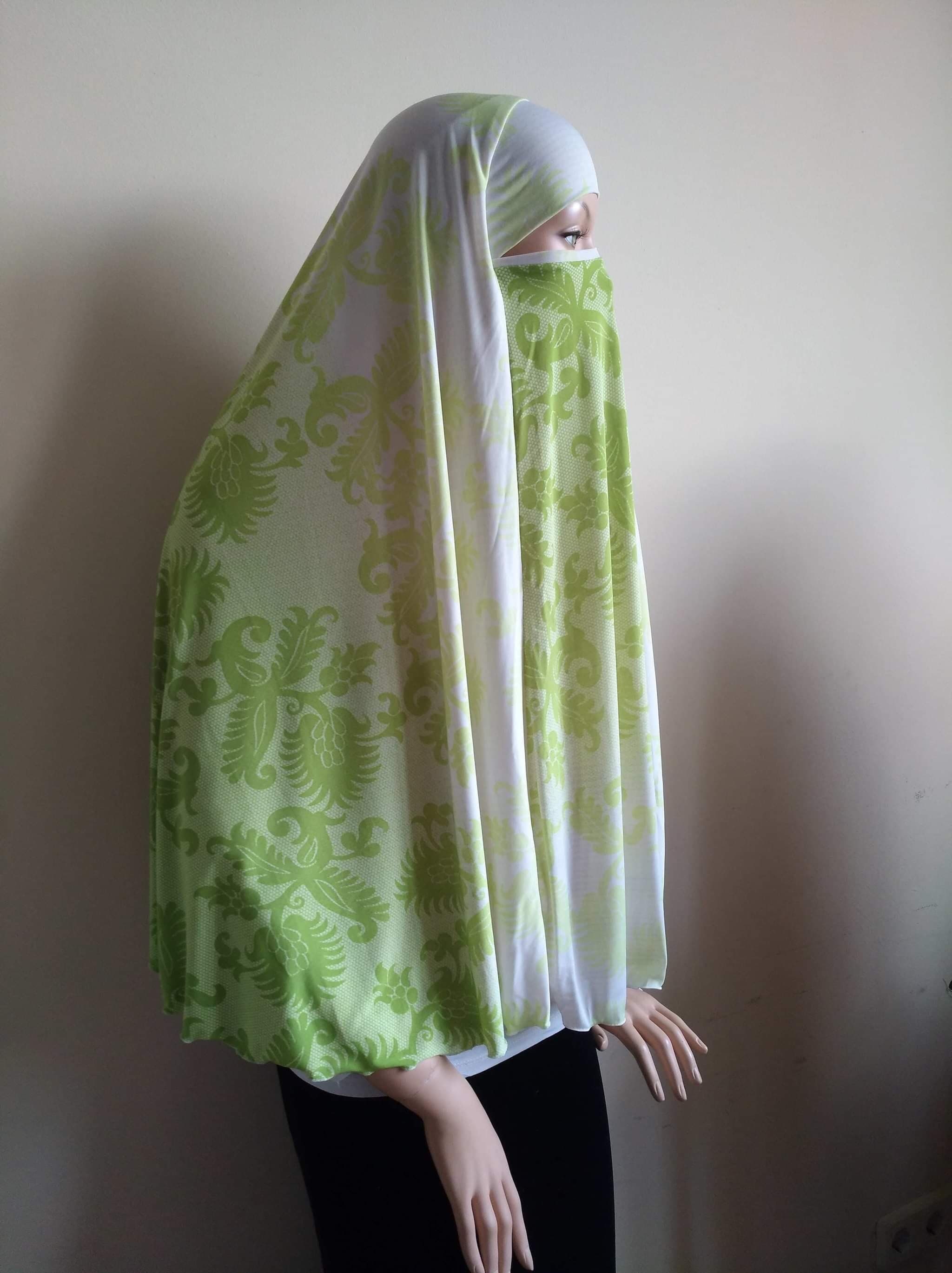 Green Print Jersey Hijab Niqab, Ready to Wear Prayer Scarf - image 5