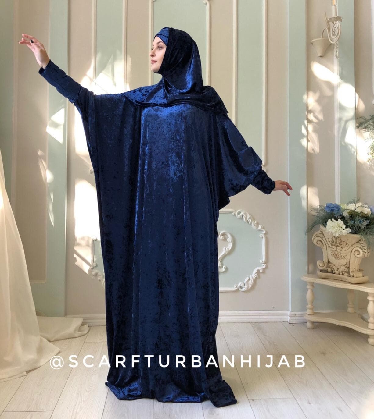 Bohemian Navy Blue Velvet Maxi Dress with Alamira Hijab