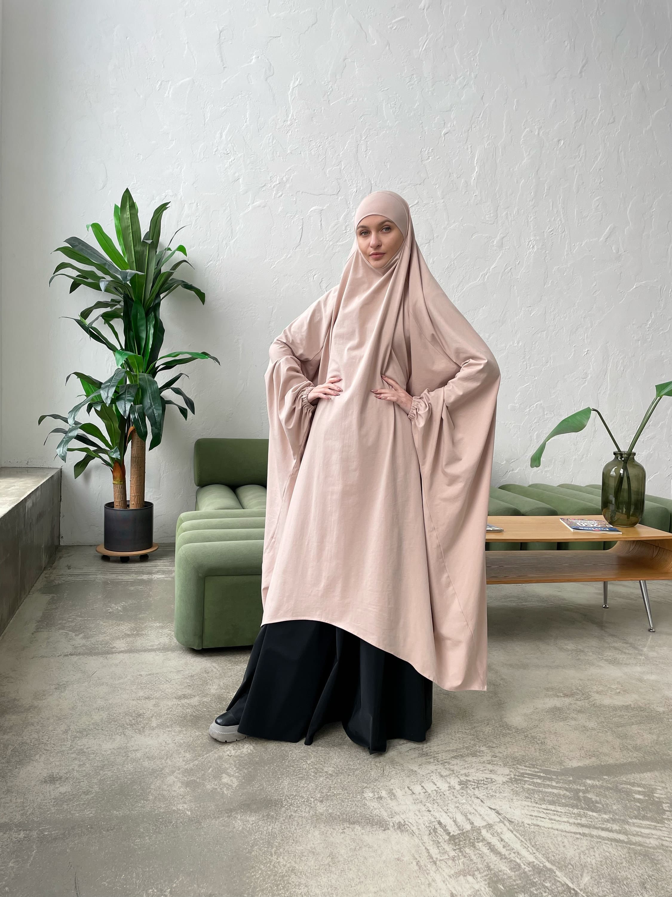 Elegant beige long cotton jersey khimar asymmetrical length