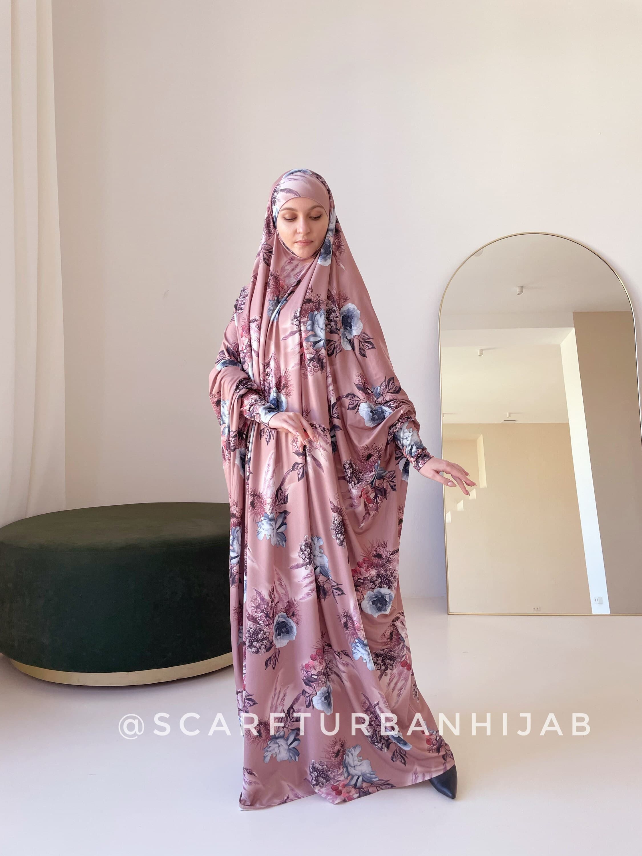 Floral Print Khimar Jilbab Dress, Full Coverage Knit Fabric - image 5