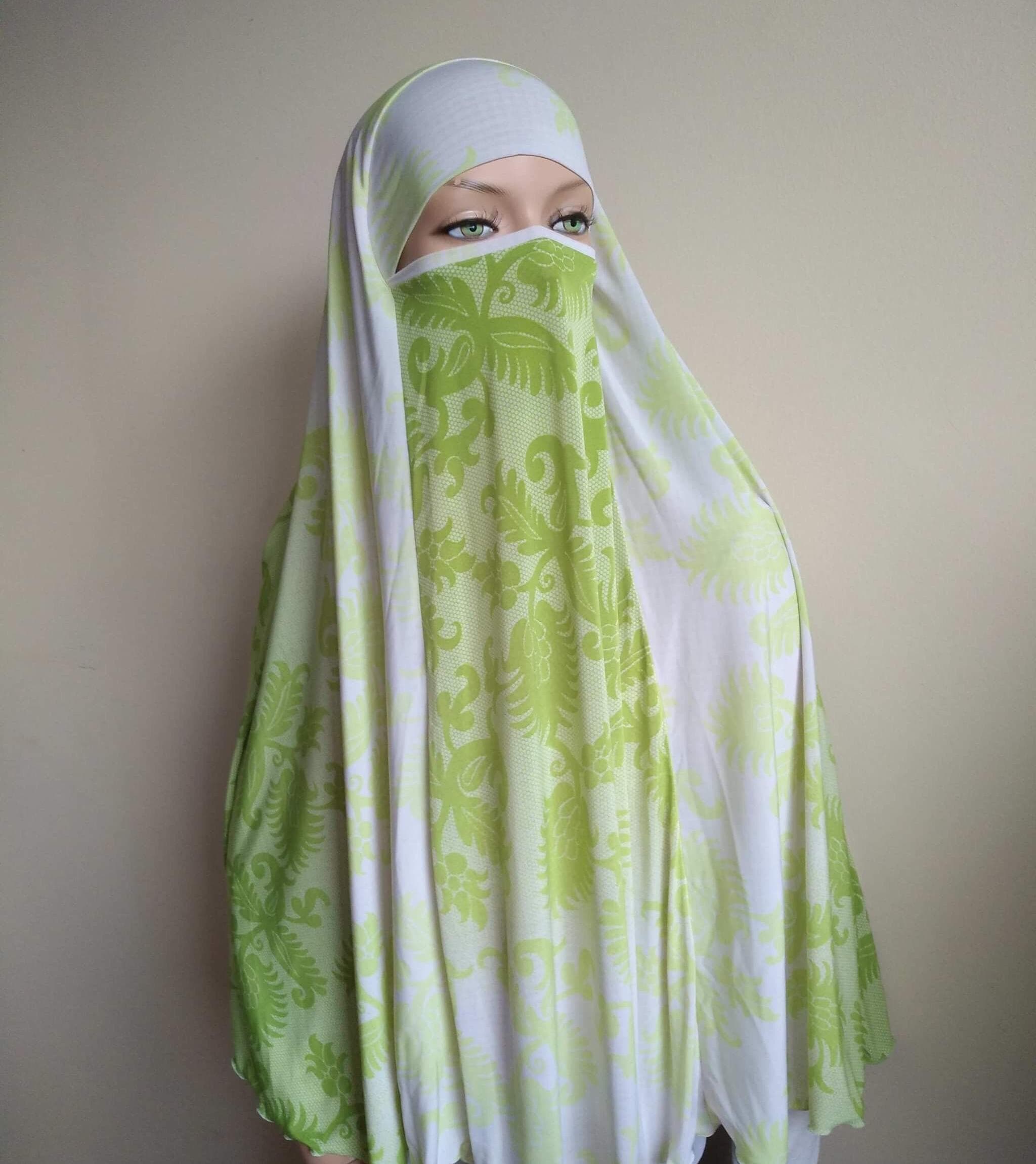Green Print Jersey Hijab Niqab, Ready to Wear Prayer Scarf