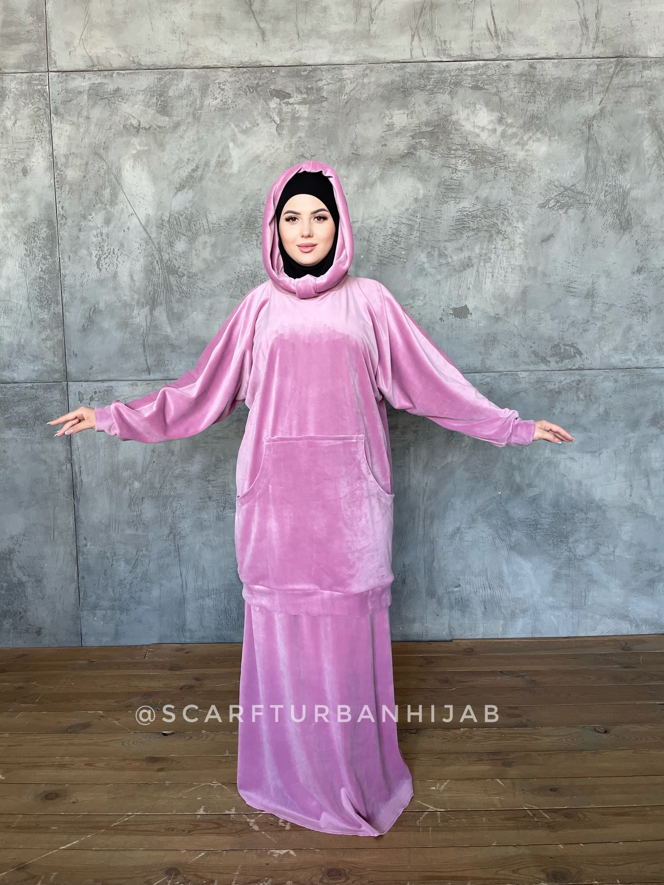 Size S - M Pink Sport suit with hood , Muslim clothing, hijab plush velour - image 4