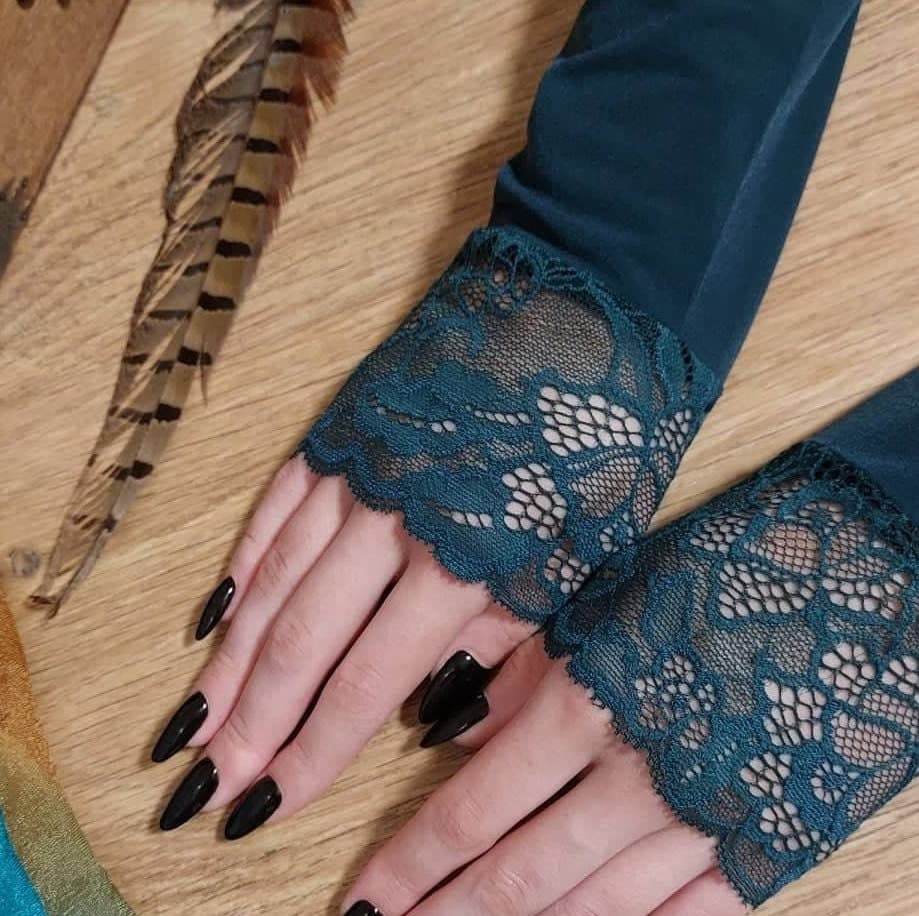 Lace Cuff Arm Sleeves - Dark Green Knitted Mitts, Muslim Accessory - image 4