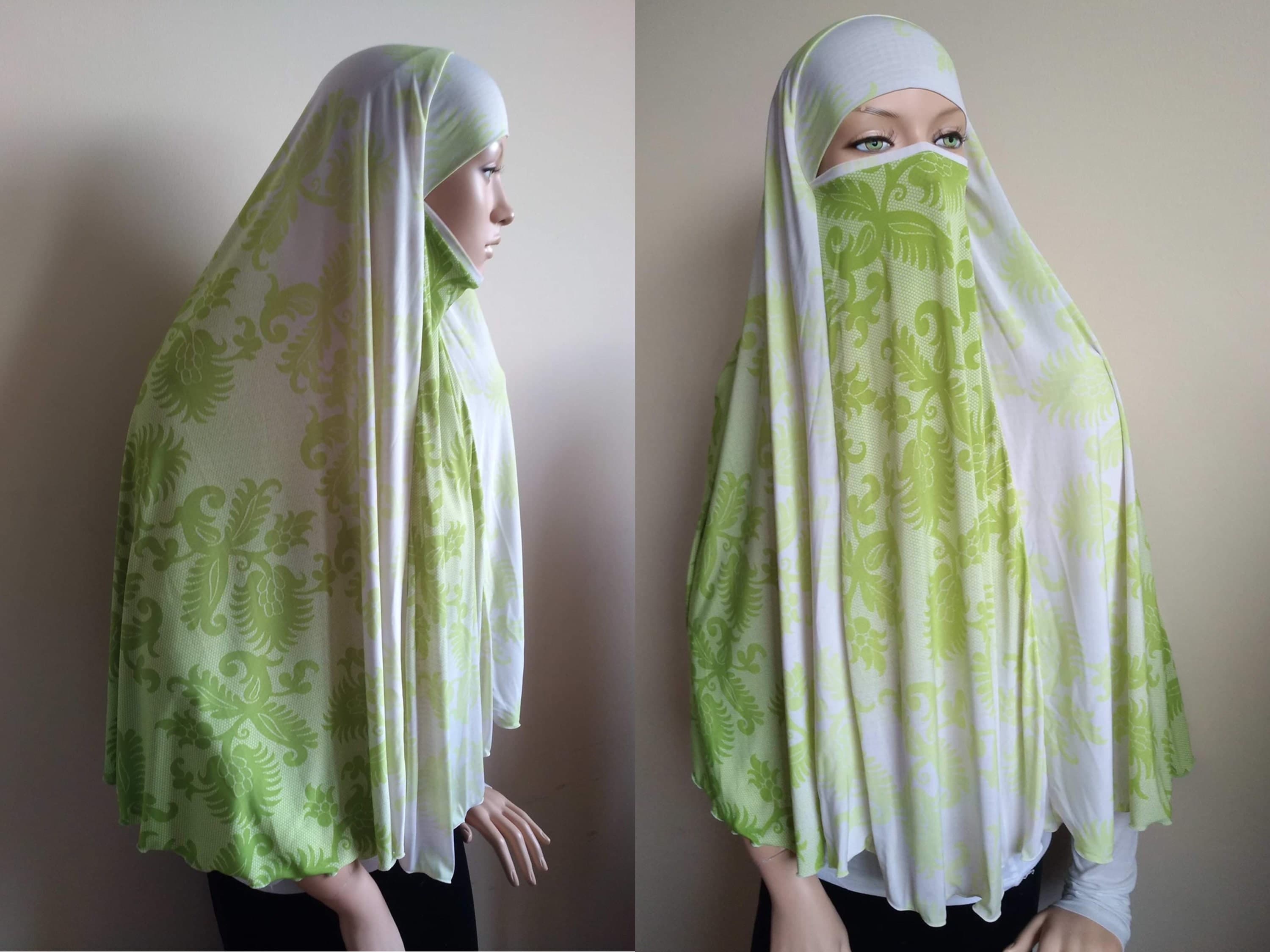 Green Print Jersey Hijab Niqab, Ready to Wear Prayer Scarf - image 3