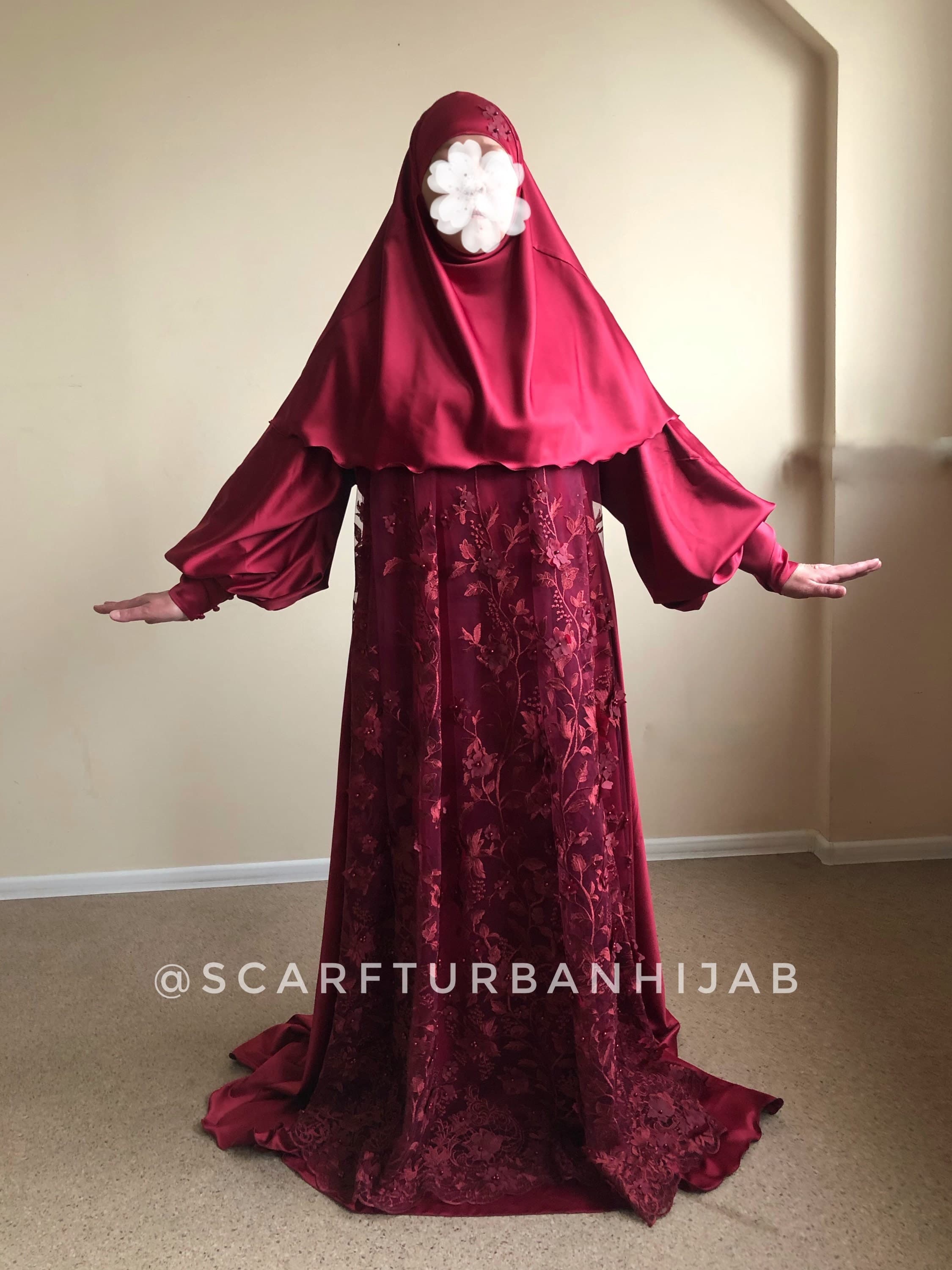 Burgundy Silk Satin Maxi Dress, Embroidered Lace, Elegant Muslim Wedding - image 3