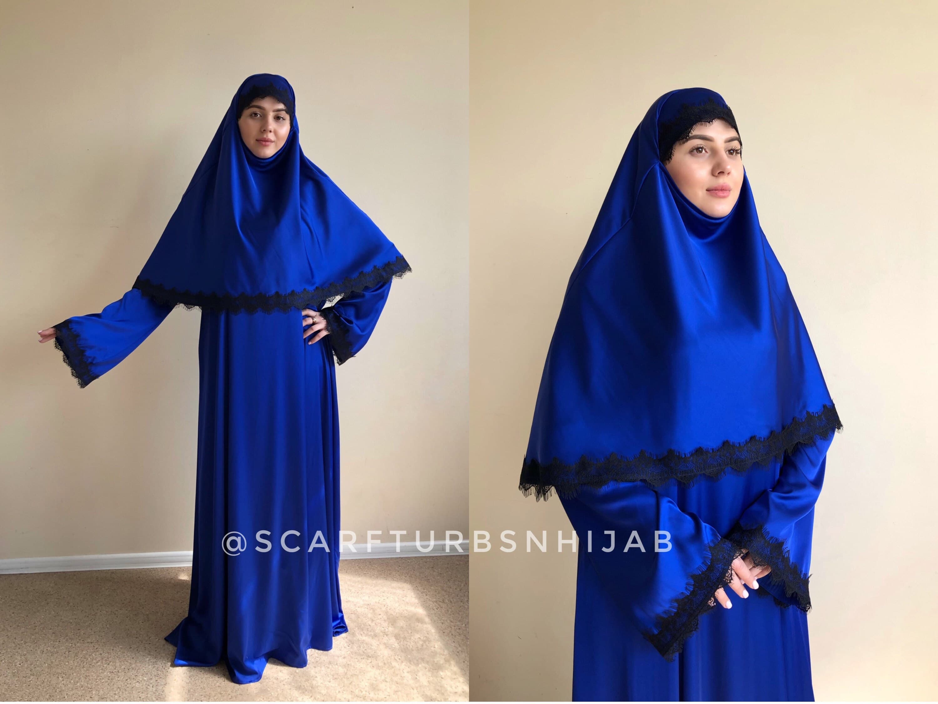 S-M size Royal blue silk elegant dress, lace abaya, stylish hijab, modesty clothing - image 5