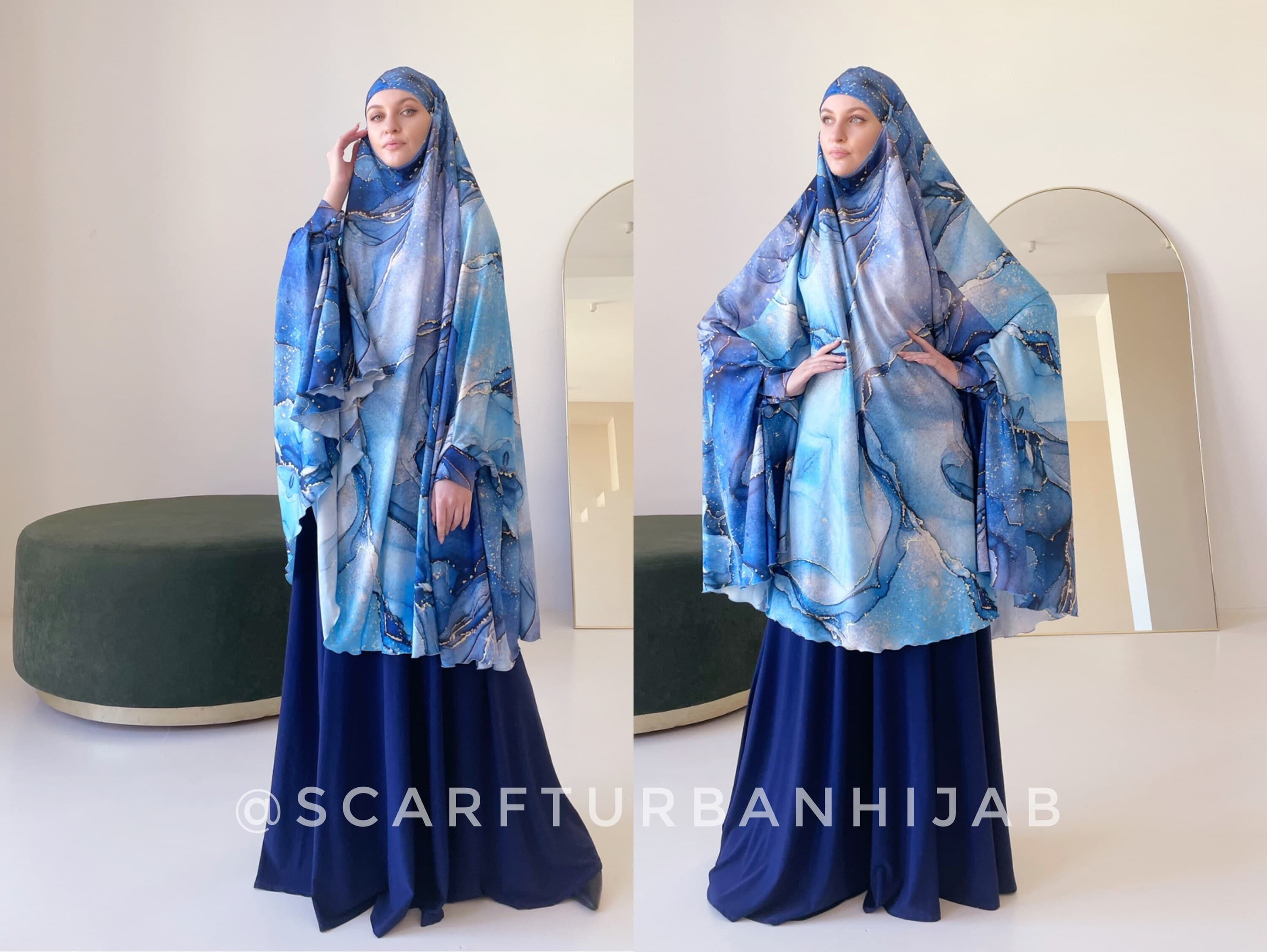 Unique Gemstone Print Silk khimar with Flared Silhouette, blue jilbab - image 3