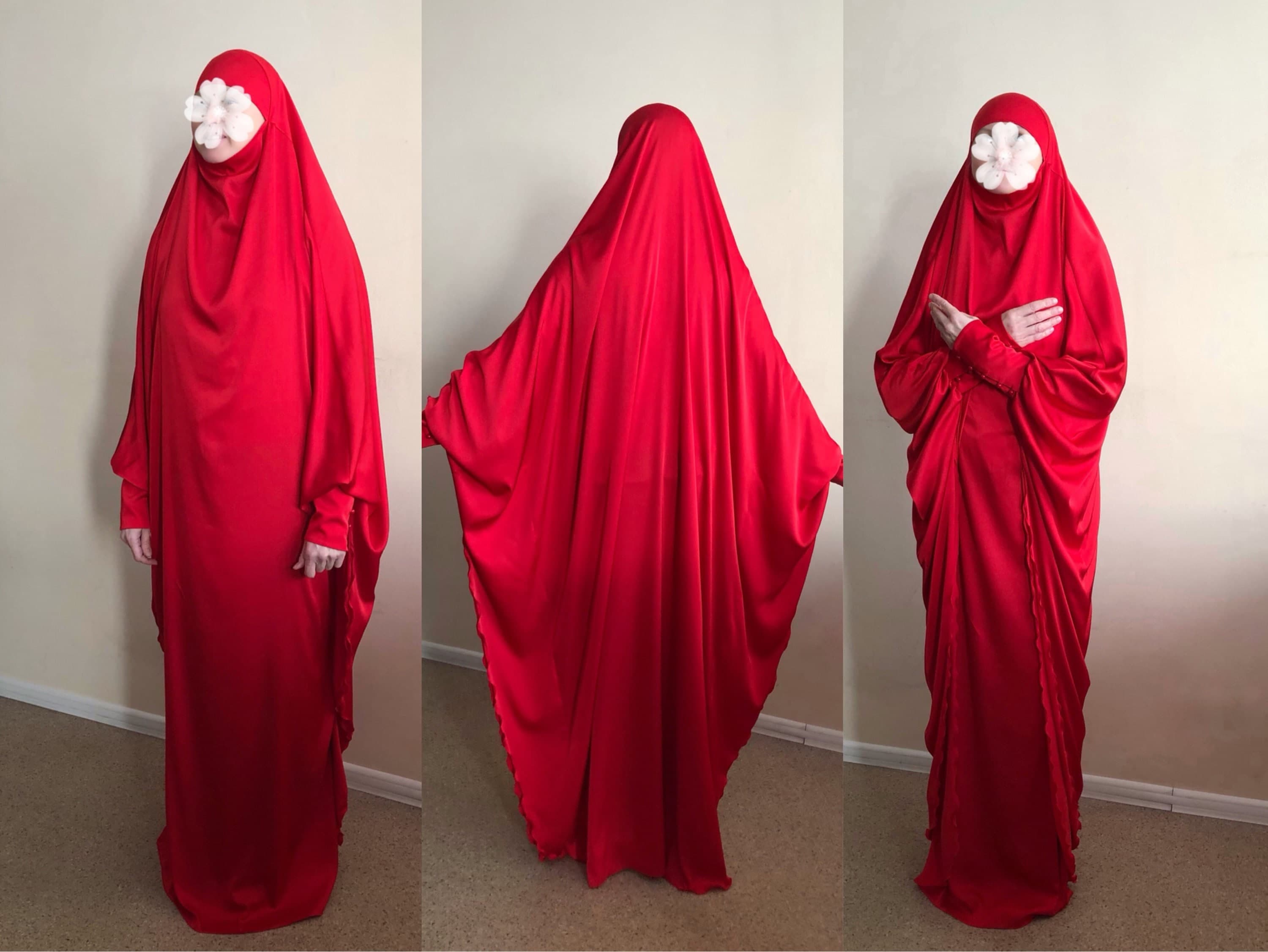 Long Red Silk Khimar, Elegant Muslim Hijab, Nikkah Burqa - image 3