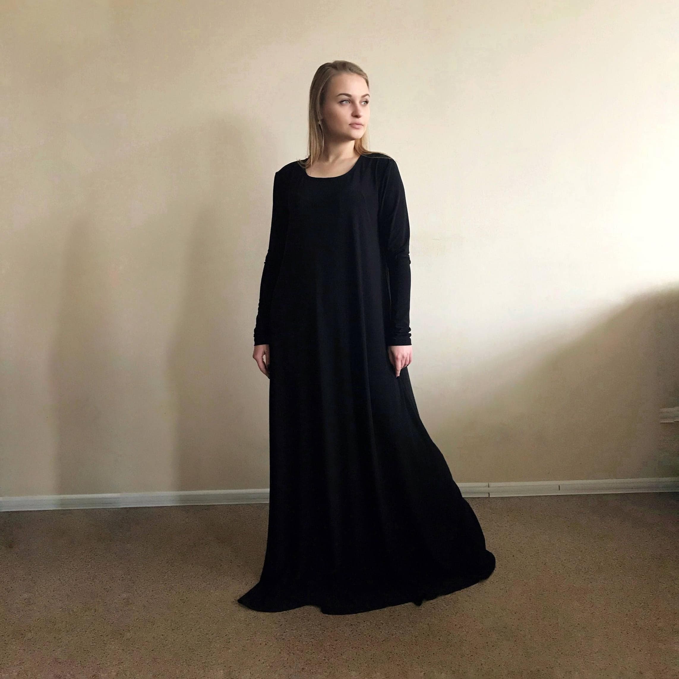 Black Jersey Maxi Dress, Long Sleeve Oversize Abaya, Elegant Basic Style