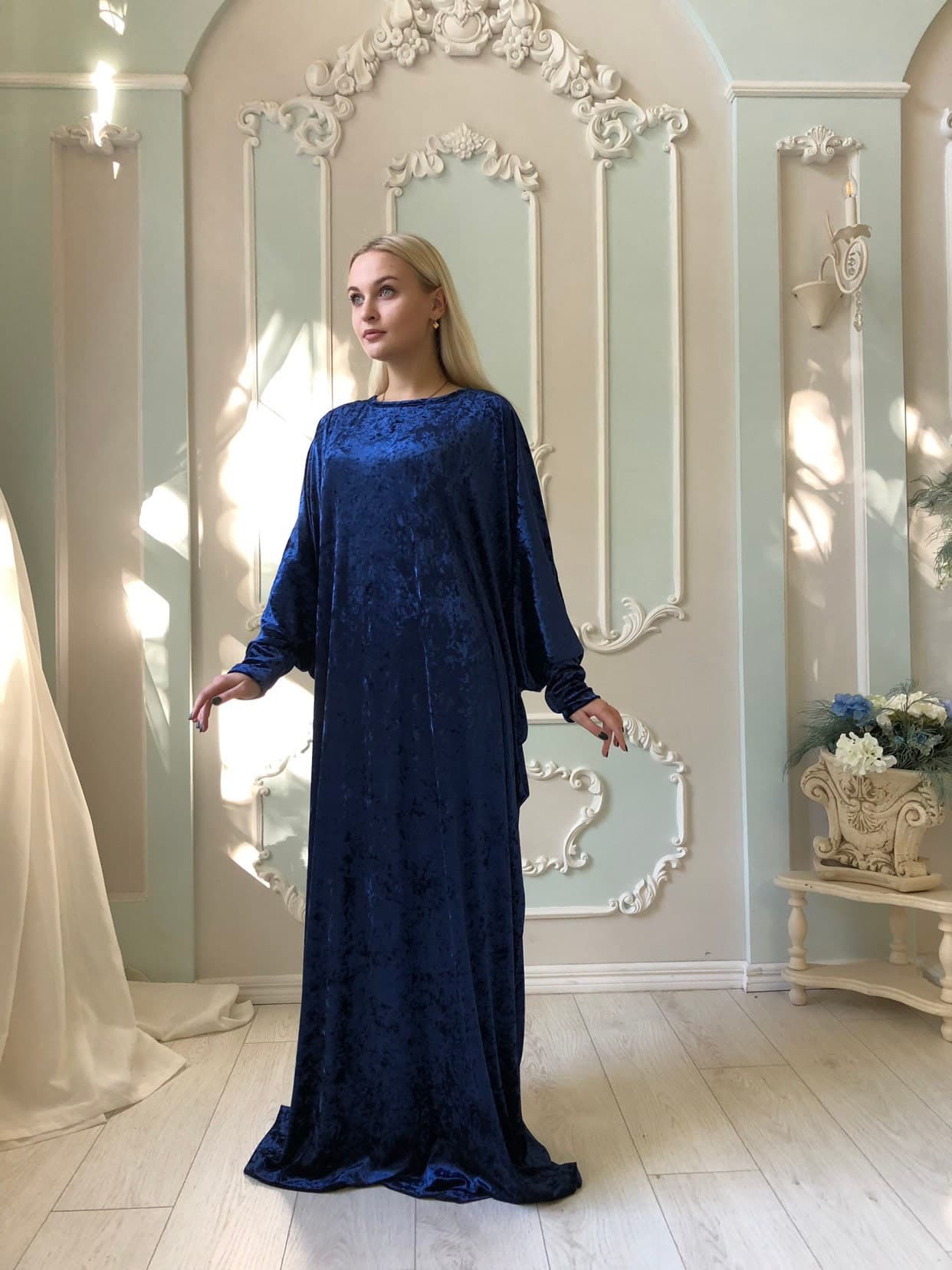 Bohemian Navy Blue Velvet Maxi Dress with Alamira Hijab - image 5