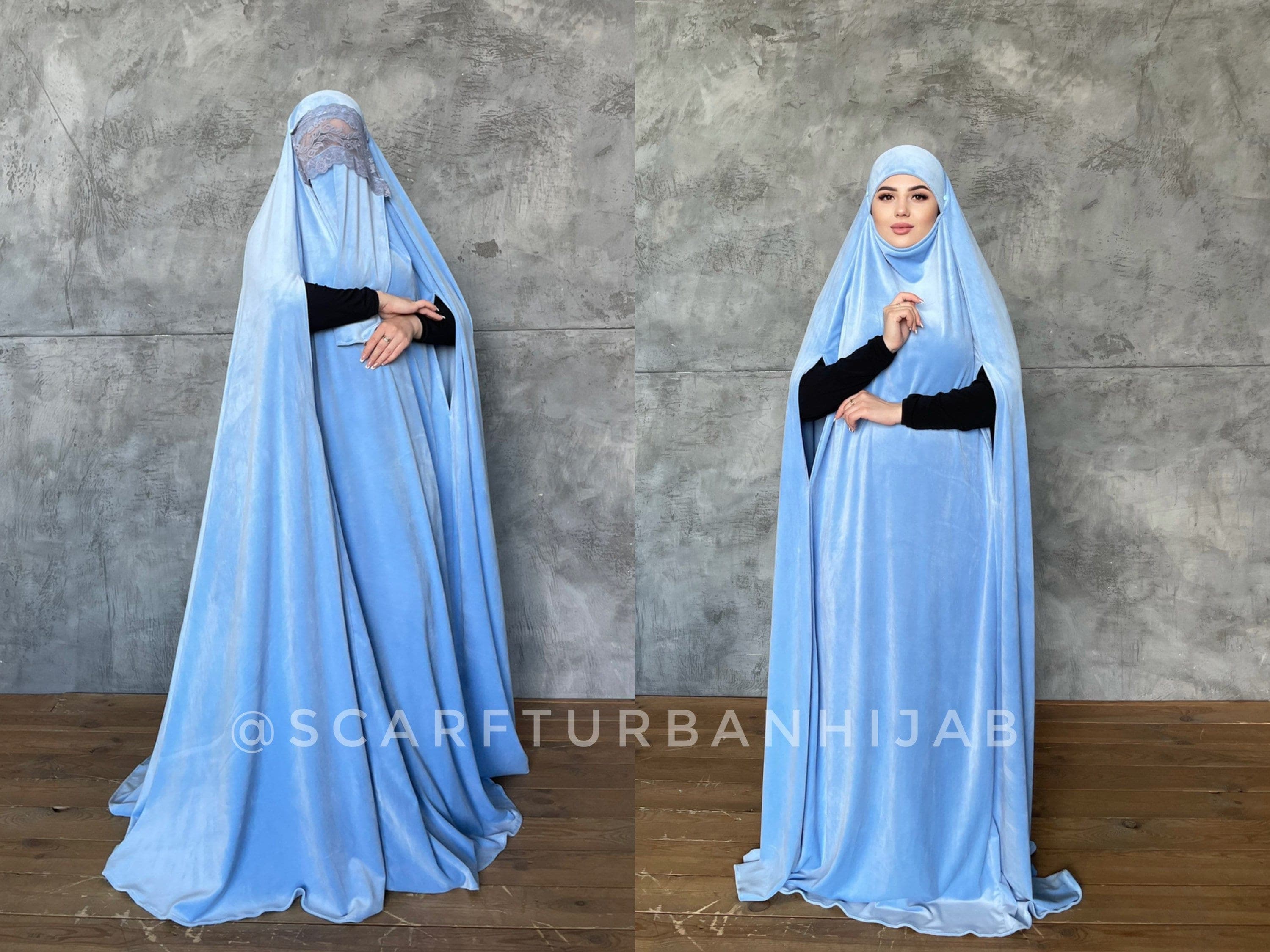 Warm blue Afghan burqa, plush velour khimar cape, niqab, full long hijab jilbab - image 3