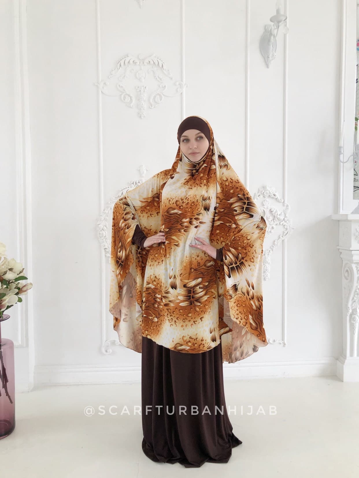 Floral Print Khimar Jilbab Hijab, Beige & Brown, Ready to Wear - image 4
