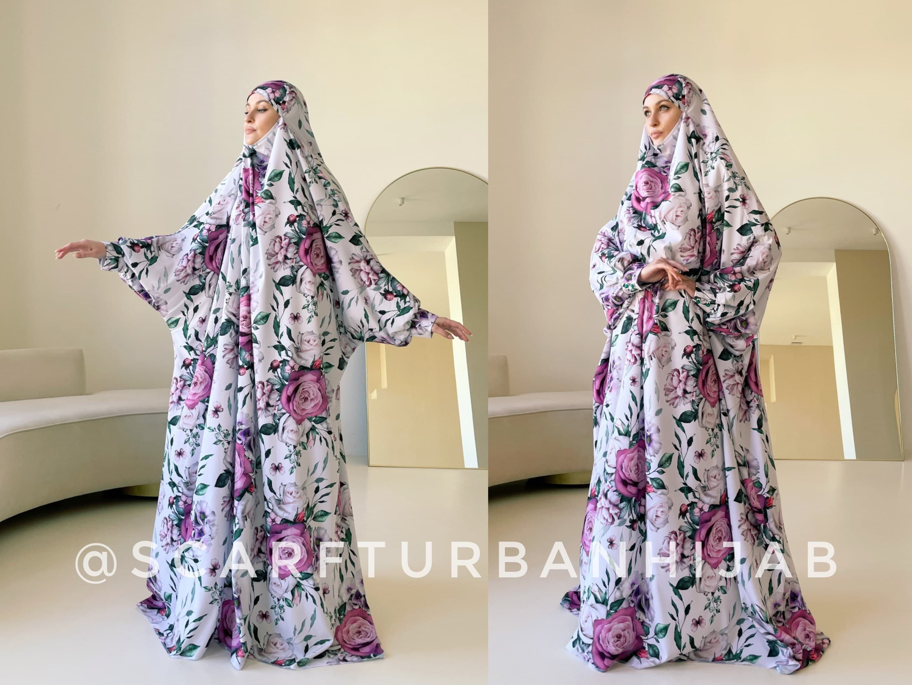 Elegant long khimar with pink floral print, Muslim jilbab - image 3