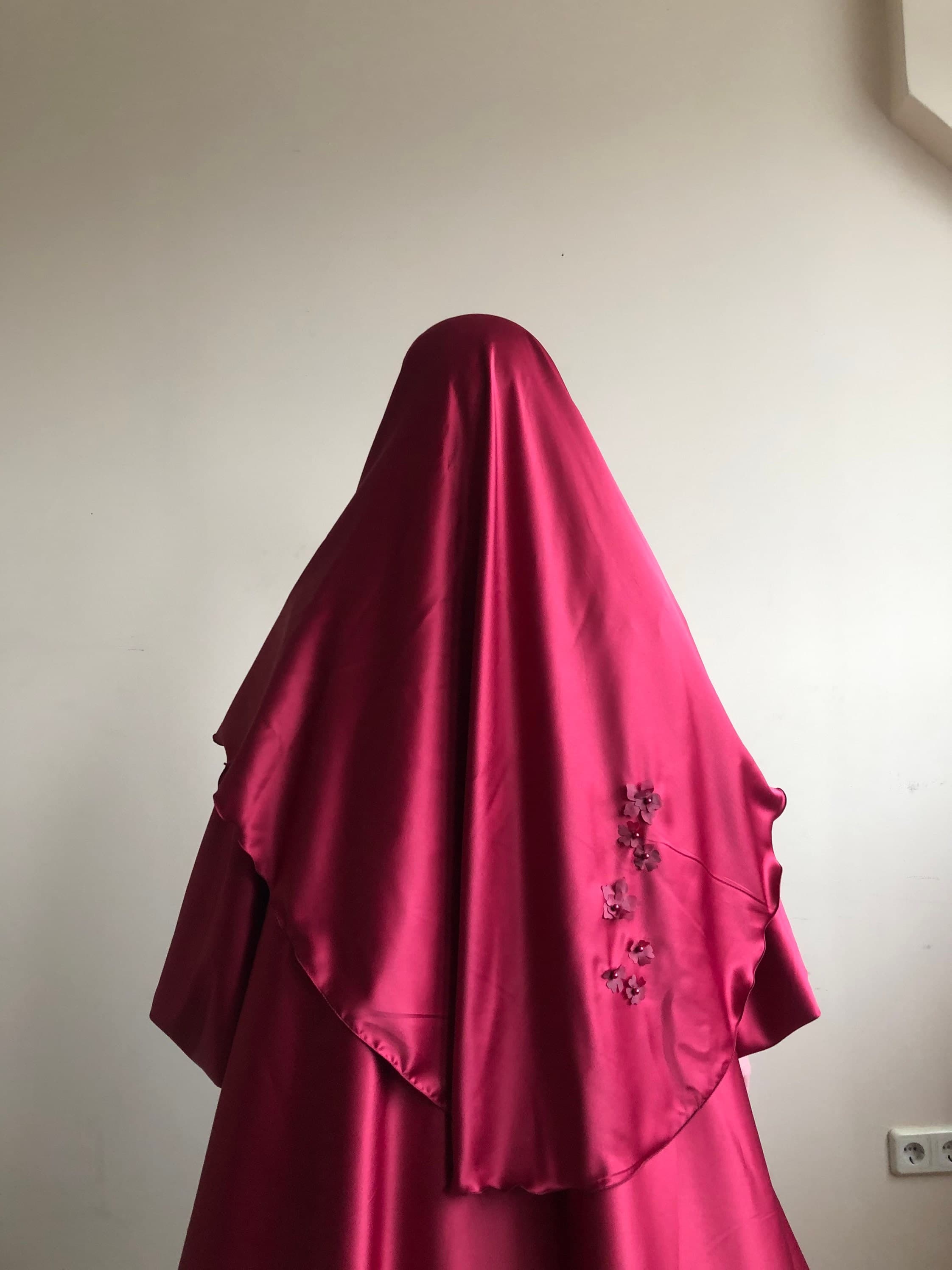 Burgundy Silk Satin Maxi Dress, Embroidered Lace, Elegant Muslim Wedding - image 5