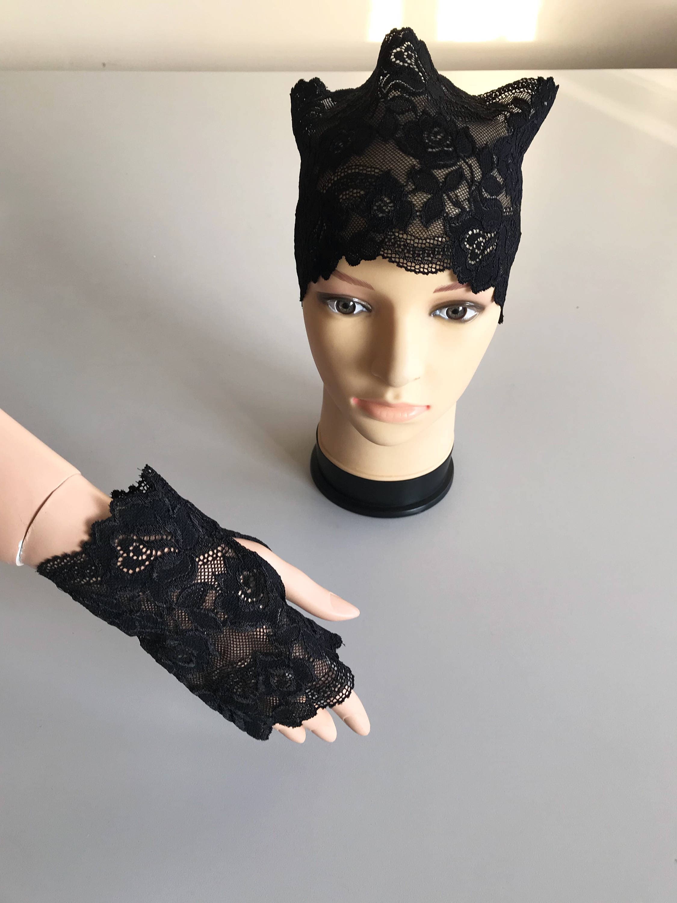Black Lace Mittens, Retro Headband, Elegant Turbam - image 3
