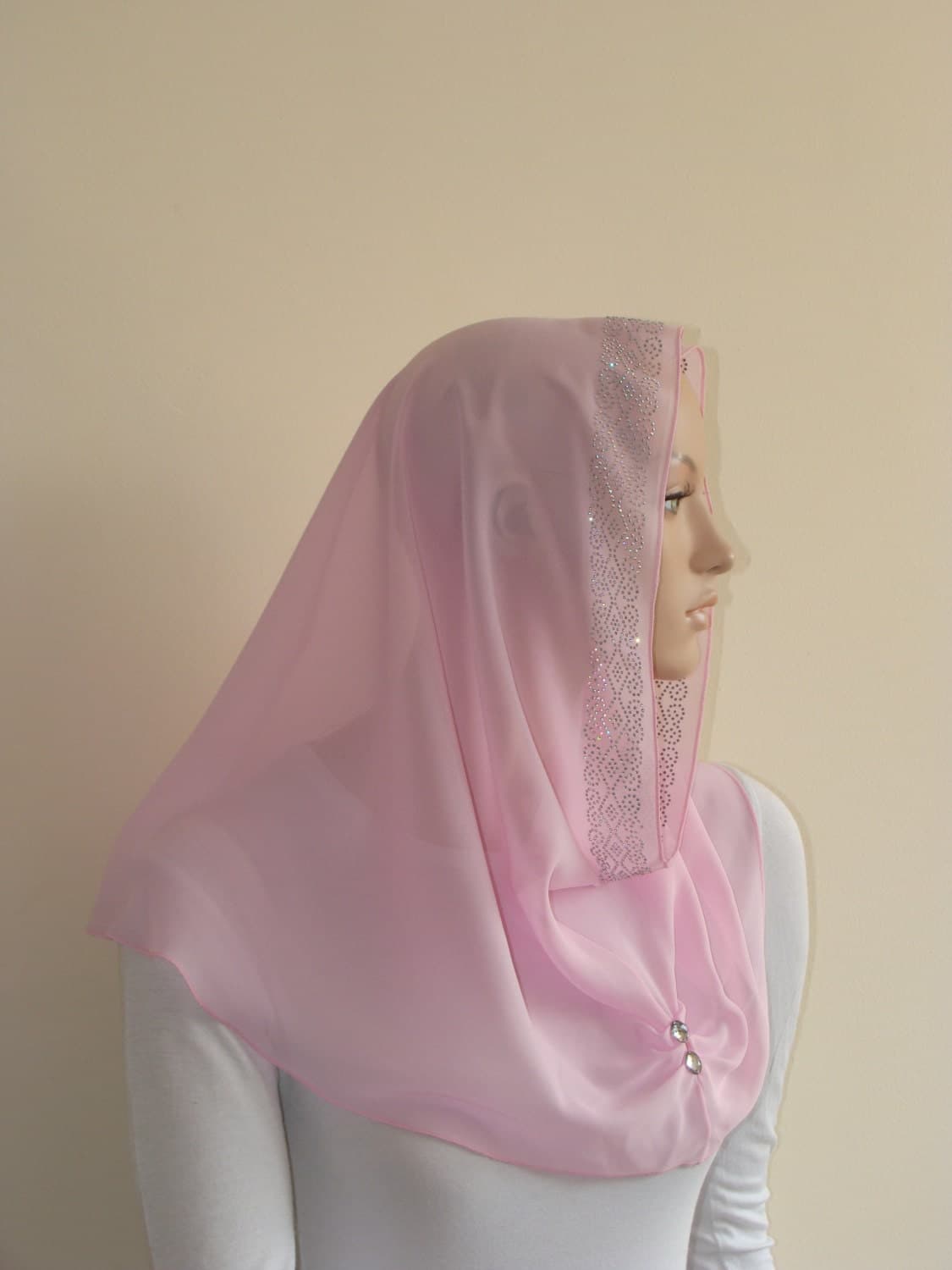 Pink Chiffon Infinity Scarf, Crystals and Stones, Modern Hijab - image 4