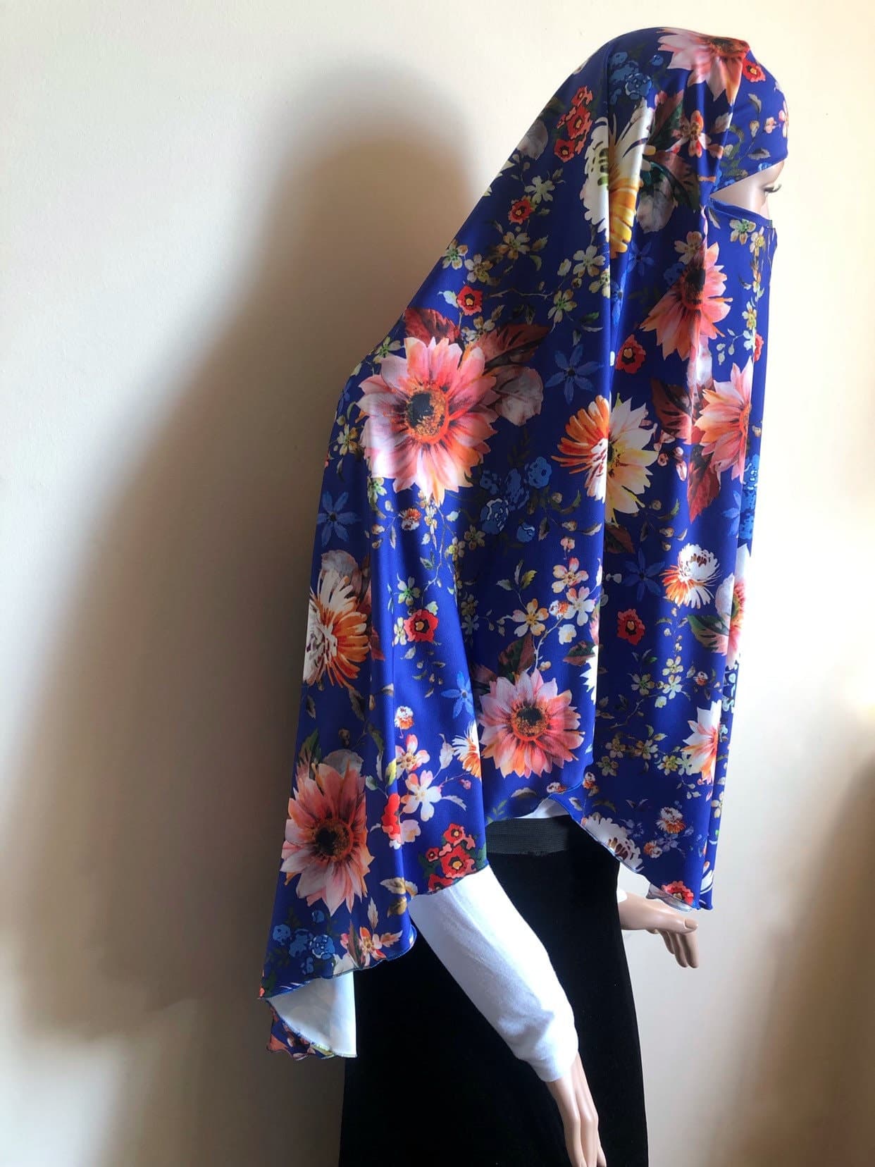 Royal Blue Floral Jersey Khimar, Traditional Hijab - image 5