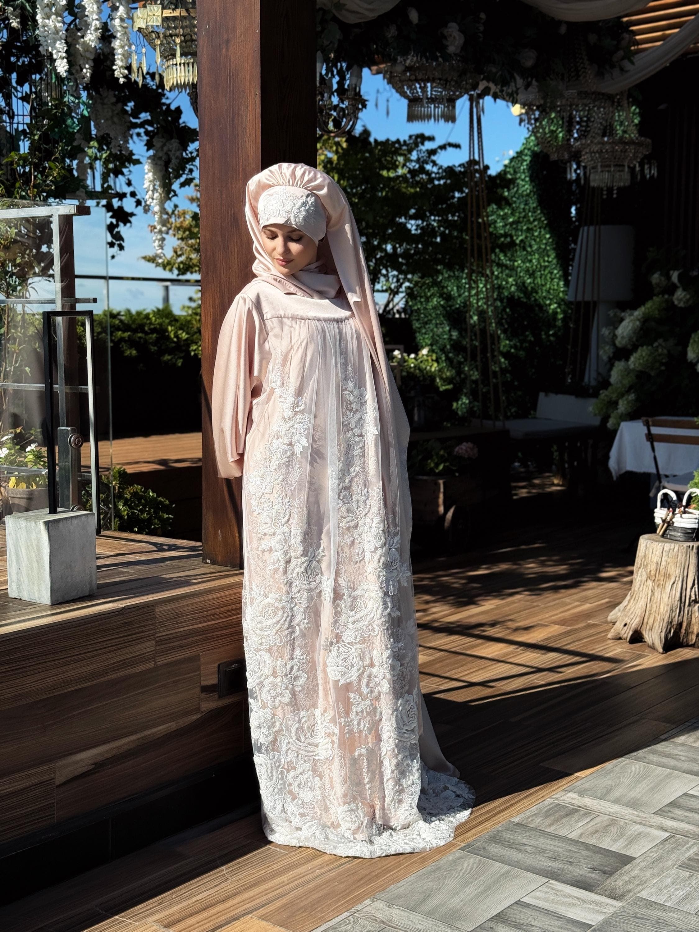 Beige Silk Maxi Dress with Lace, Modest Islamic Wedding Dress - image 5