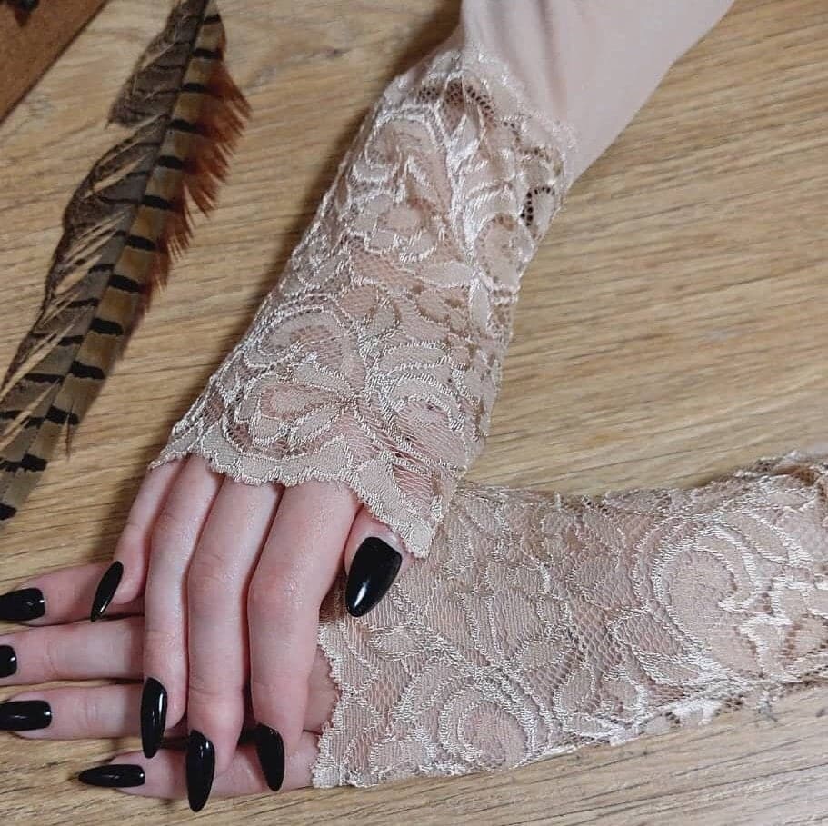 Lace Beige Arm Sleeves - Knitted Long Mitts, Muslim Accessory