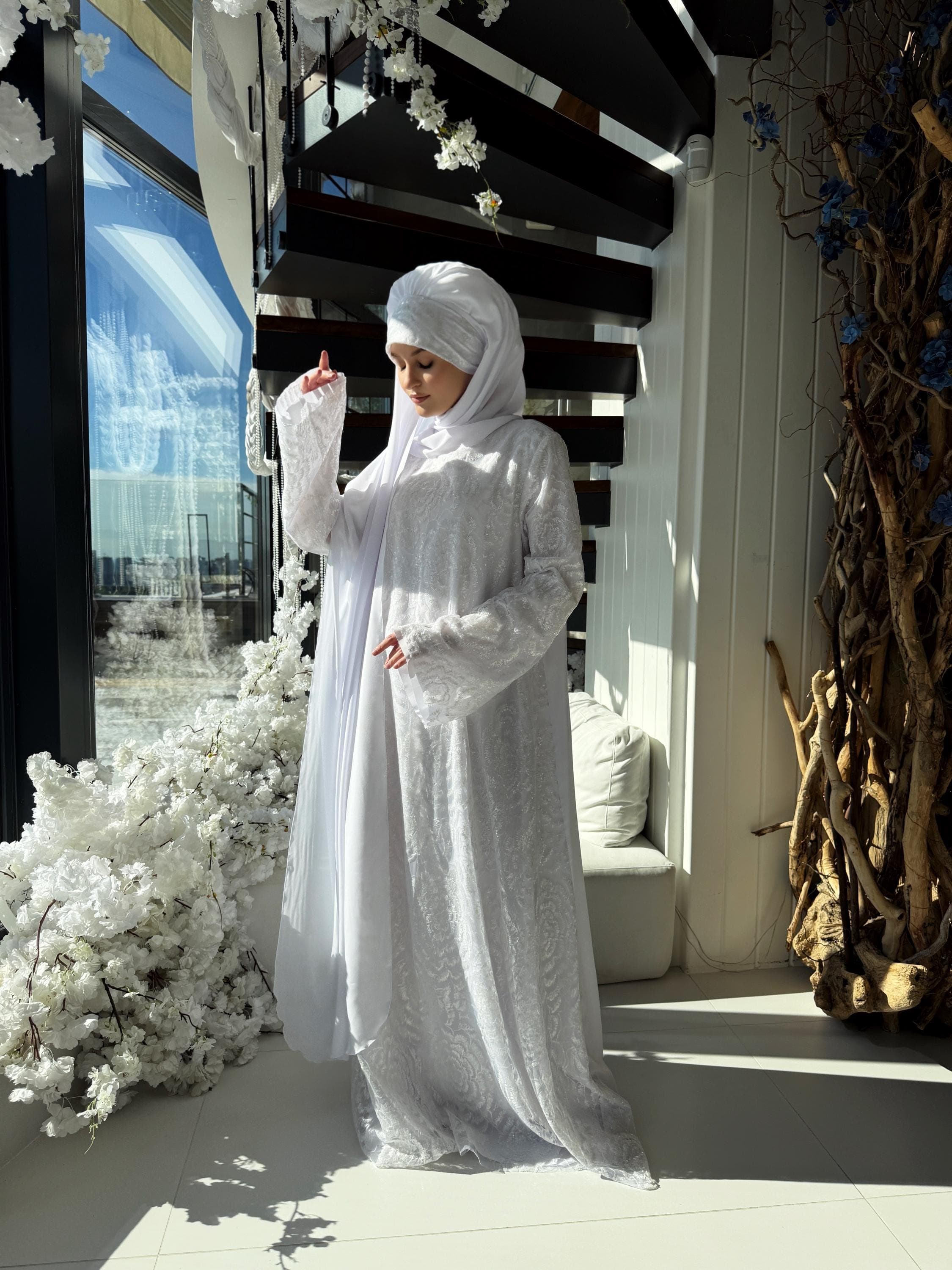 White Sequin Lace Maxi Dress, Modest Islamic Gown, Optional Hijab - image 3