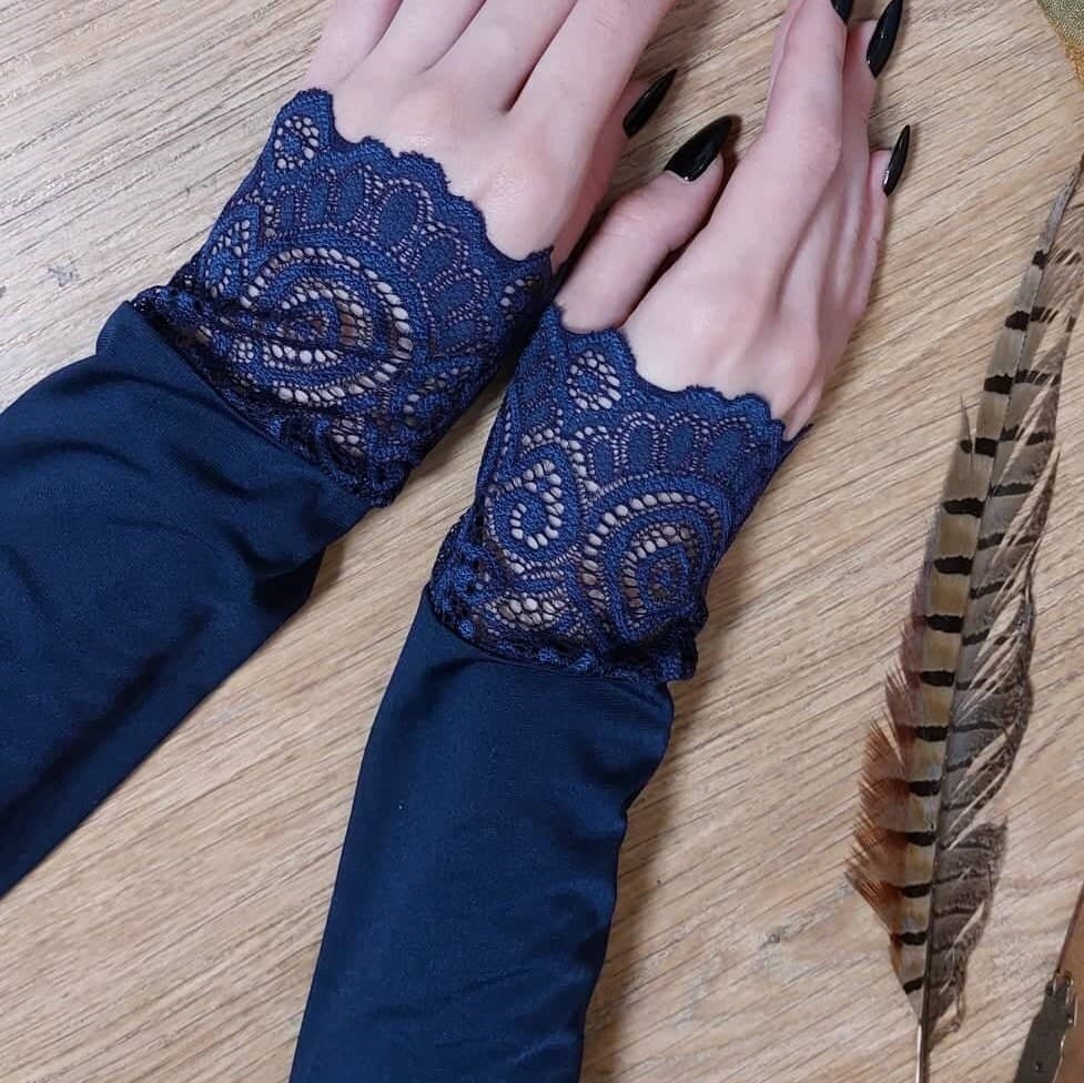 Lace Cuff Arm Sleeves - Dark Blue Knitted Mitts, Muslim Accessory - image 3