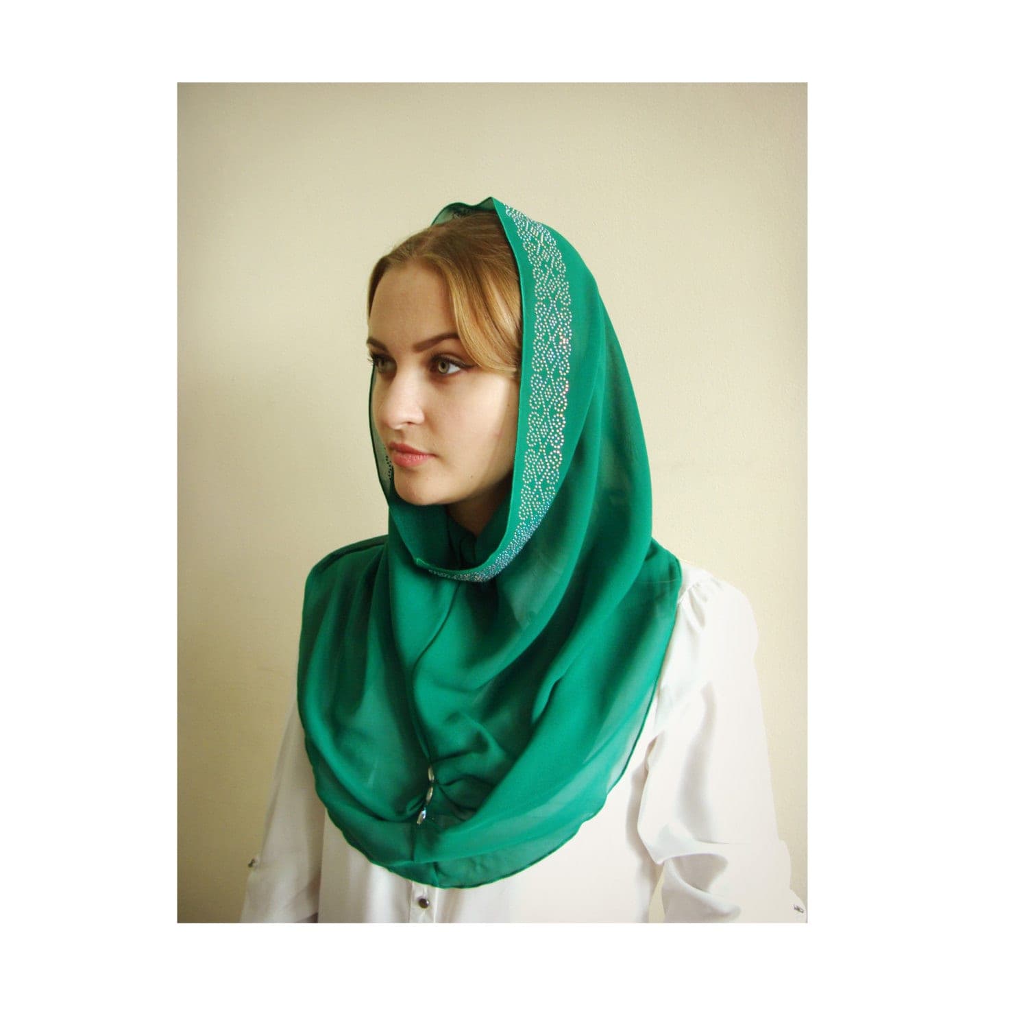 Emerald Chiffon Infinity Scarf, Green Hijab with Crystals