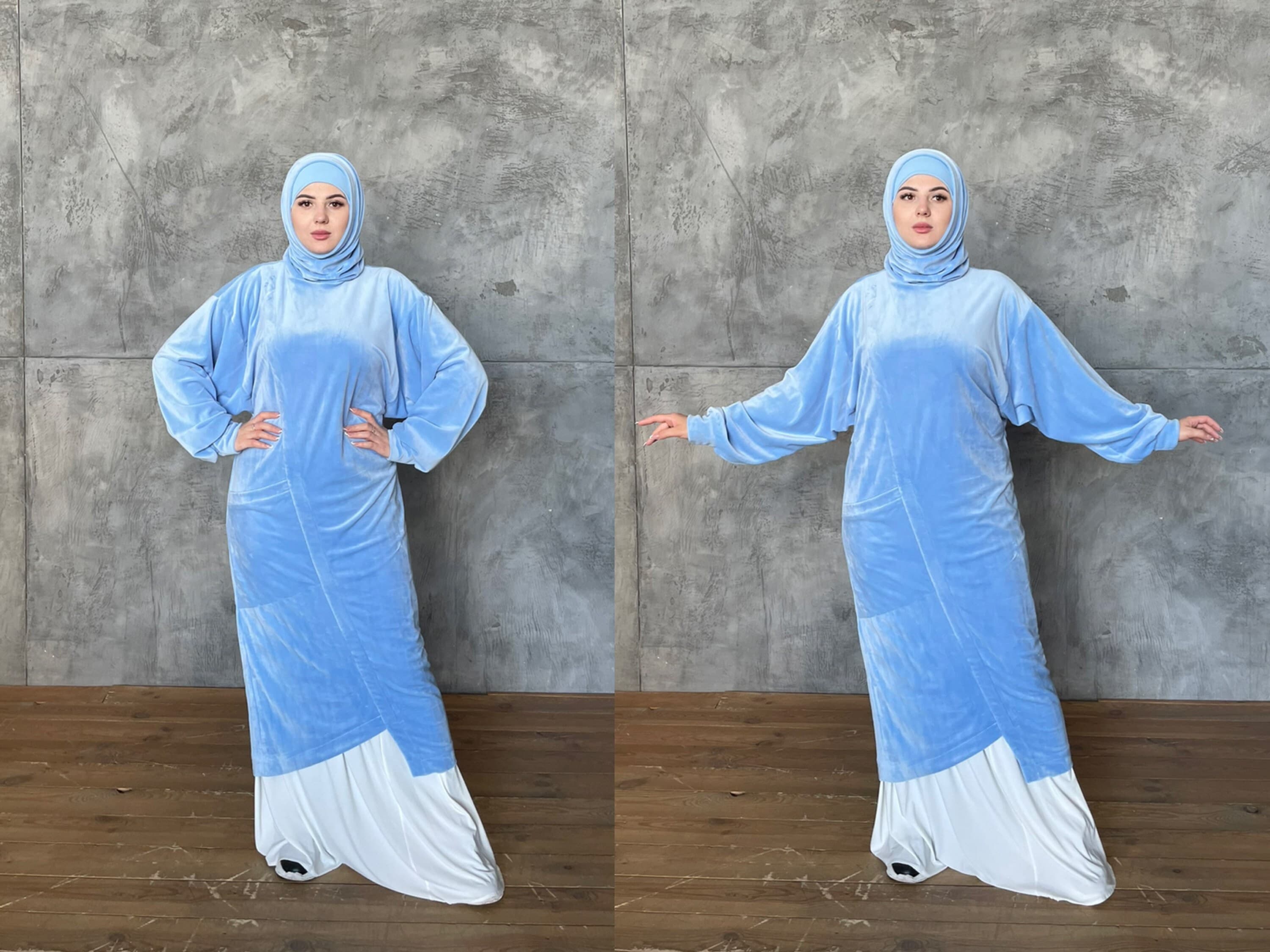 Sky blue plush velour long tunic with skirt,  winter hijab dress - image 3