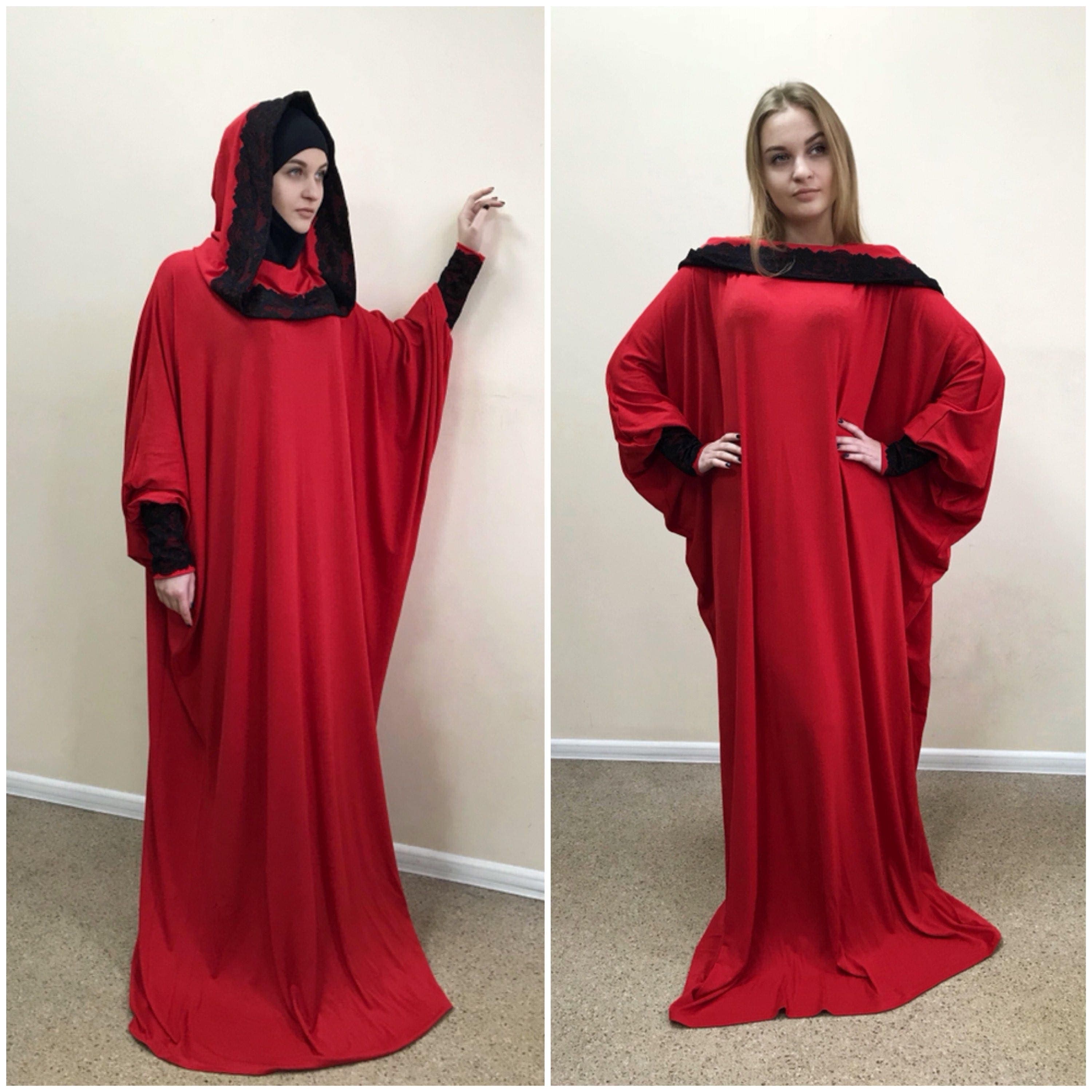 Red Hooded Maxi Dress, Elegant Lace Cuffs, Plus Size Kaftan - image 3