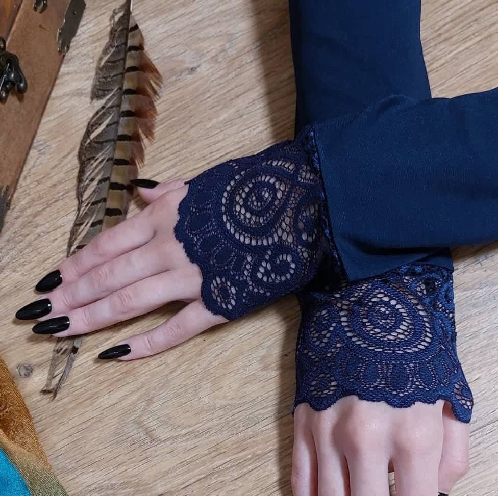 Lace Cuff Arm Sleeves - Dark Blue Knitted Mitts, Muslim Accessory - image 4