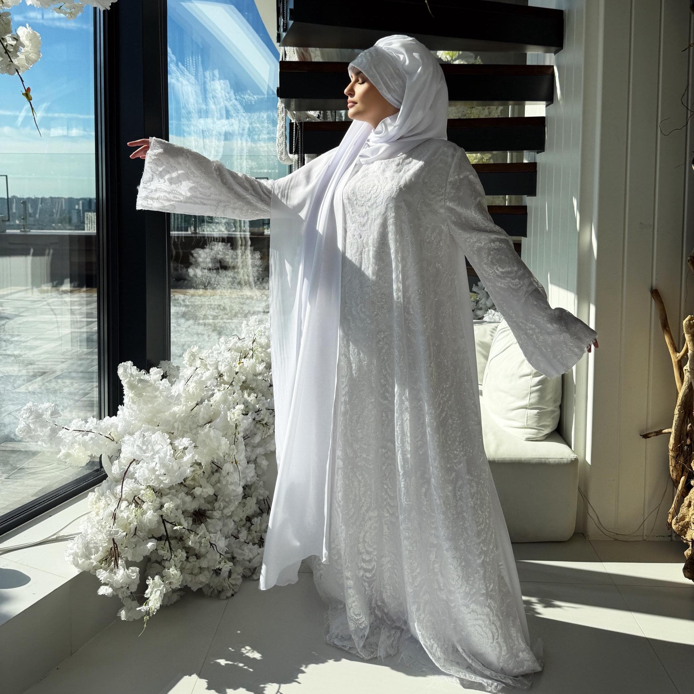 White Sequin Lace Maxi Dress, Modest Islamic Gown, Optional Hijab