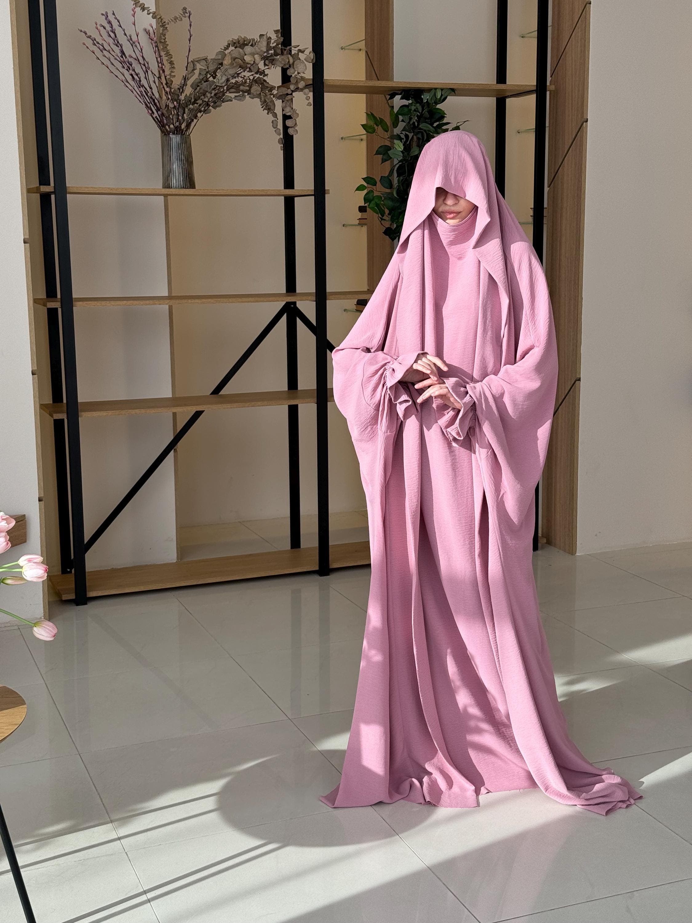 Oversized Long pink crepe Khimar with veil, abaya dress burqa style, luxury jilbab