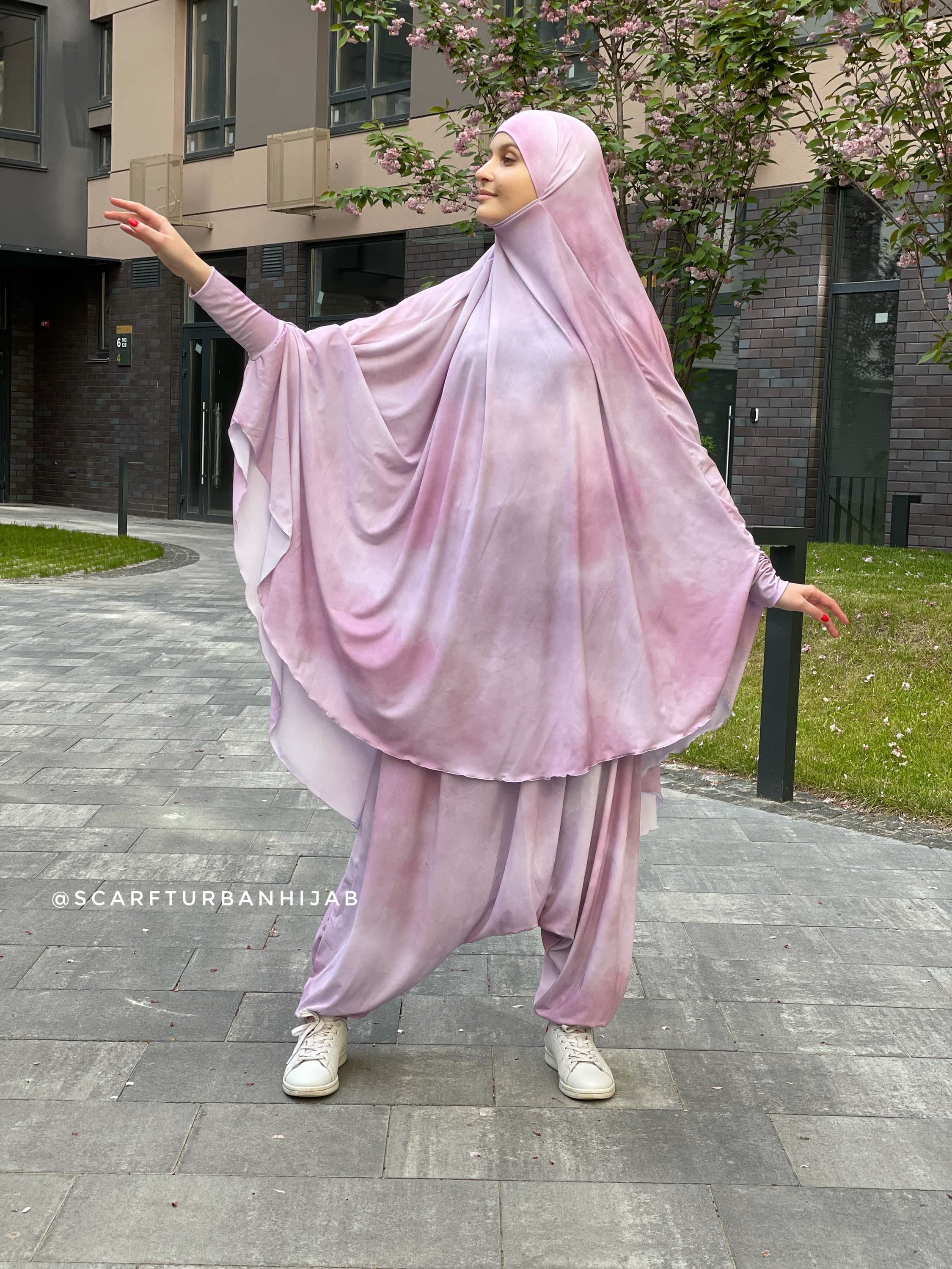Pink Thai Dye French Khimar Suit, Sport Harem Pants, Long Hijab - image 5