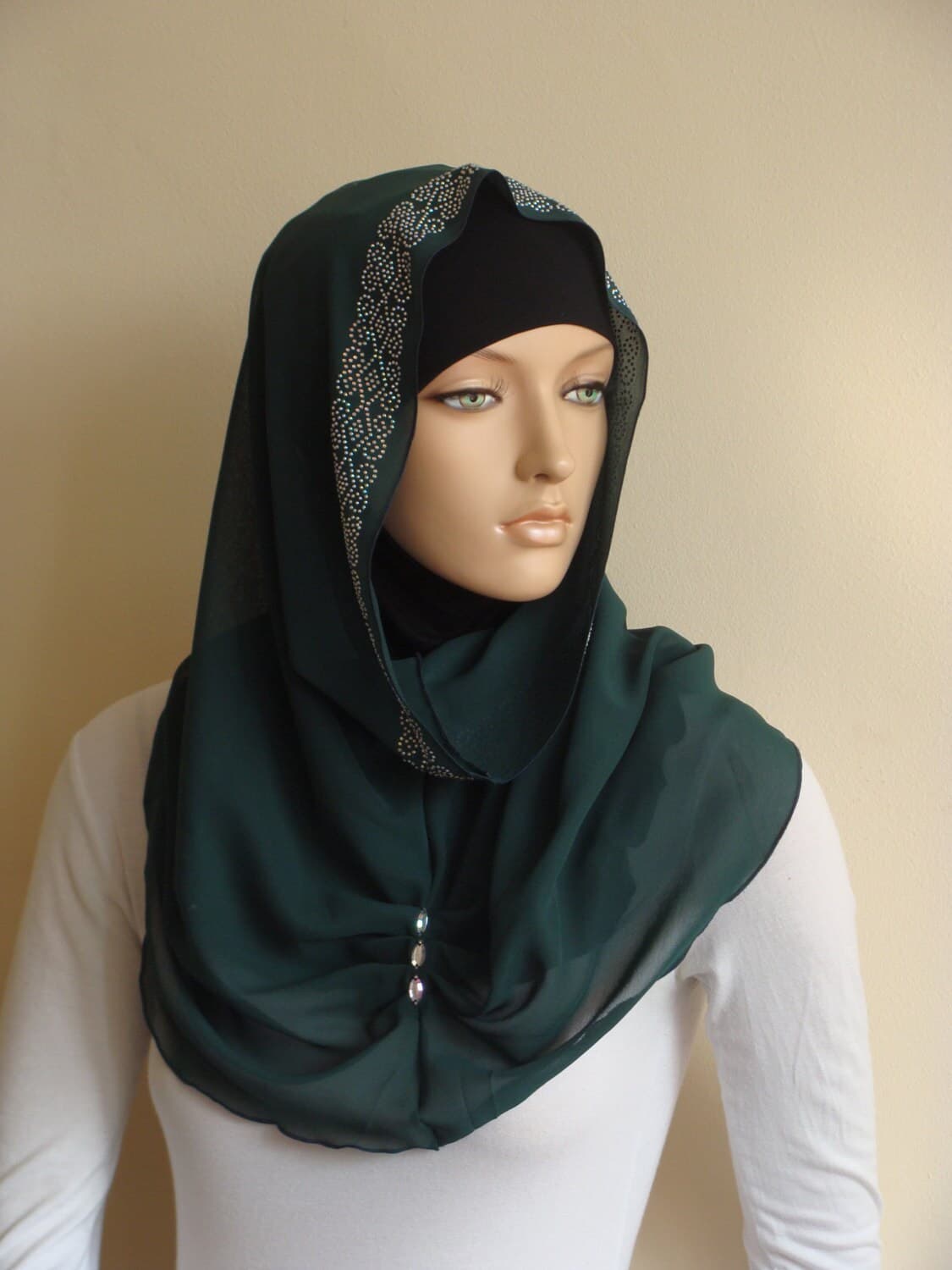 Dark Green Chiffon Infinity Scarf with Crystals - image 5
